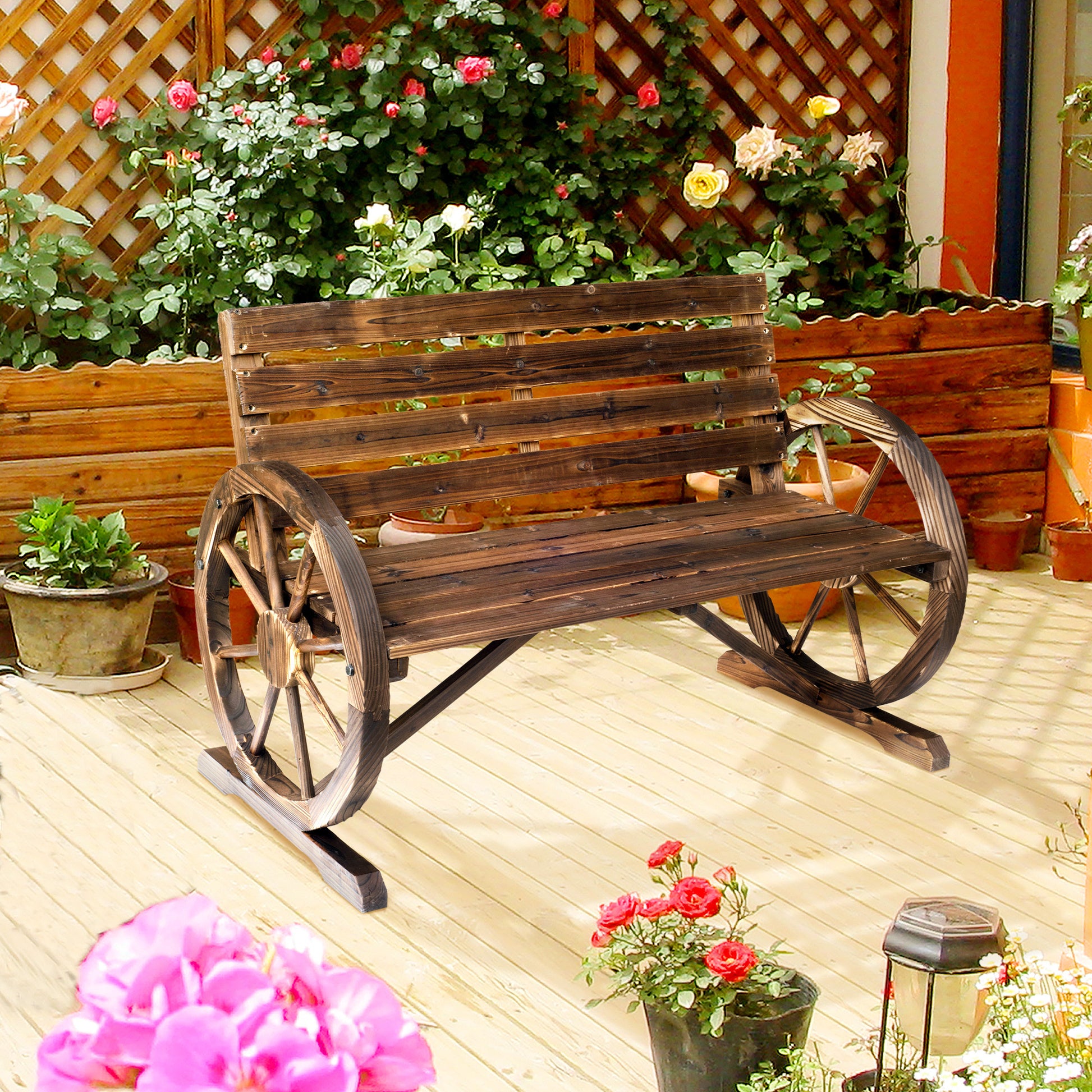 Outsunny 41" Wooden Wagon Wheel Bench, Rustic Outdoor brown-wood