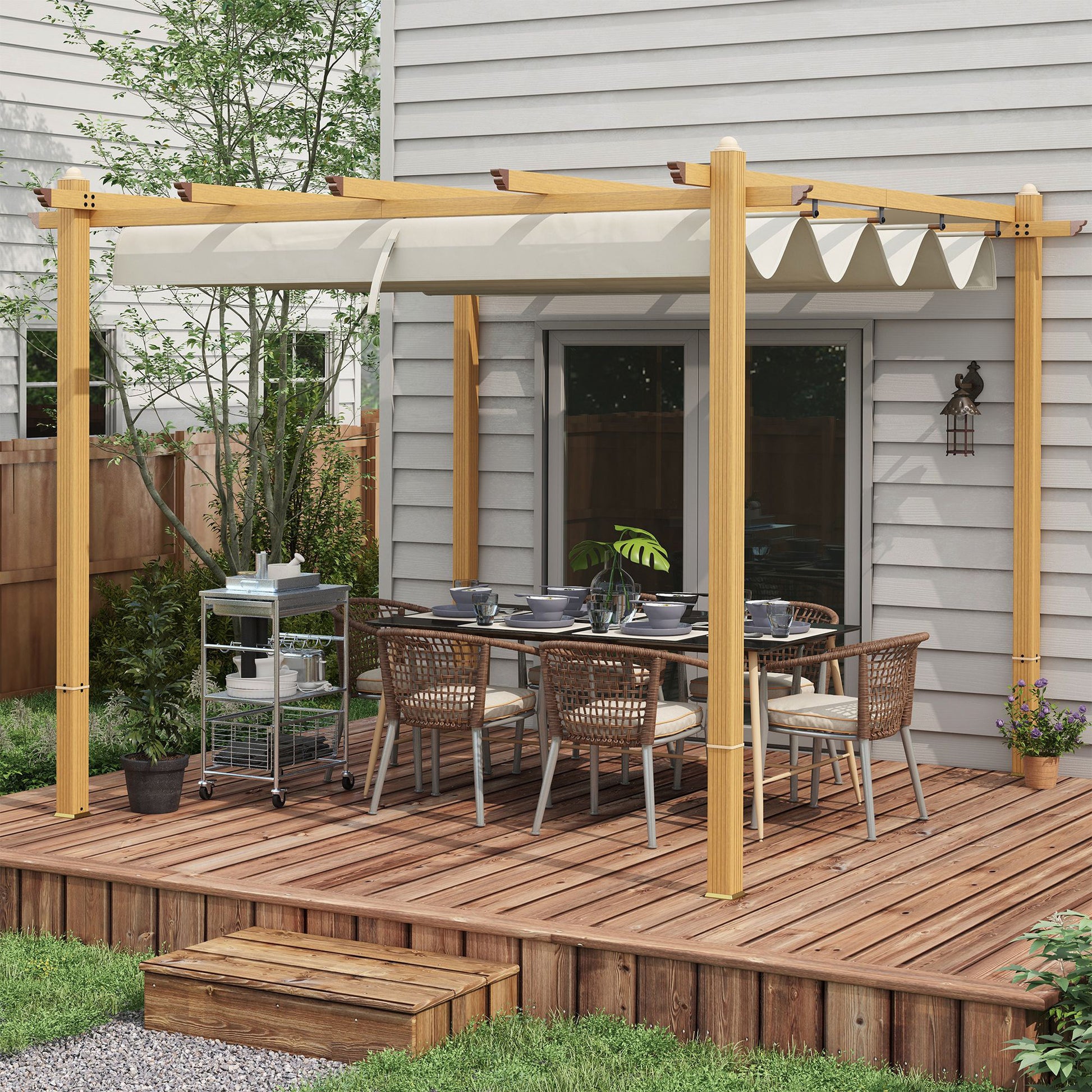 Outsunny 10' x 10' Retractable Pergola Canopy, Wood white-aluminum