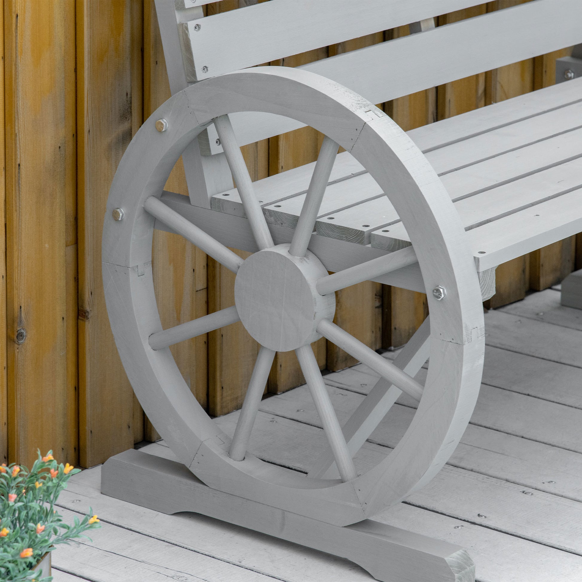 Outsunny 41" Wooden Wagon Wheel Bench, Rustic Outdoor gray-wood