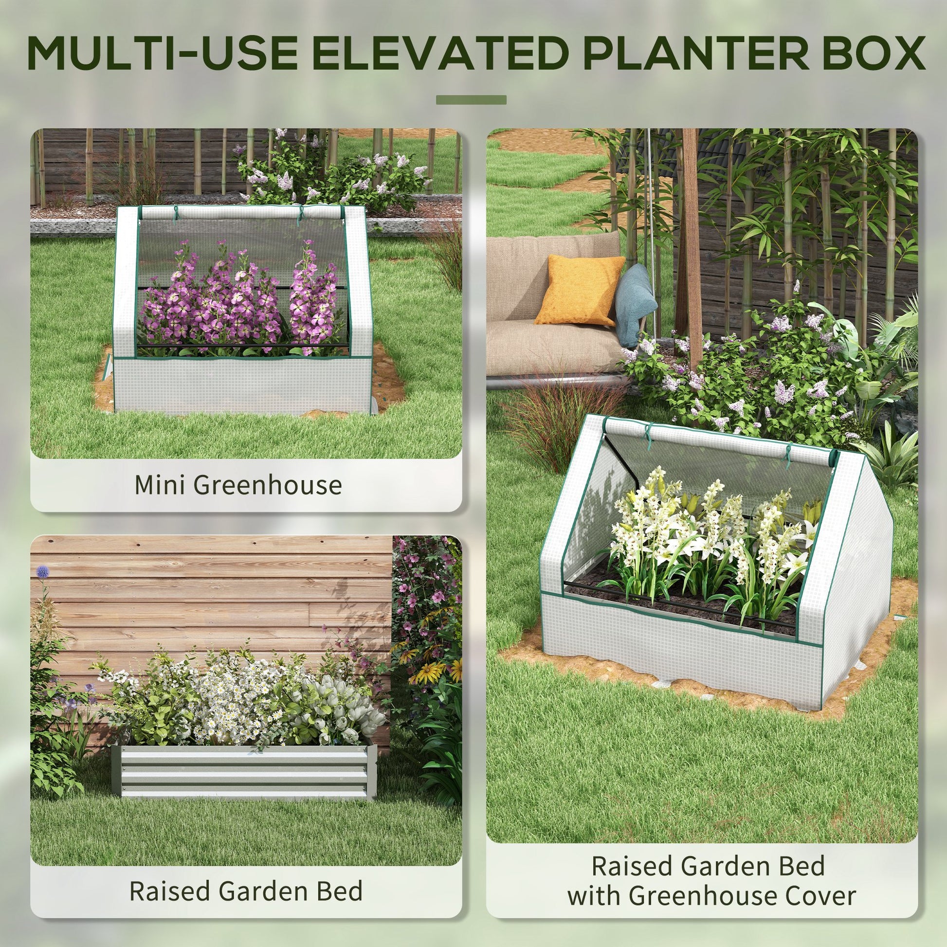 Outsunny Raised Garden Bed with Mini Greenhouse white-steel