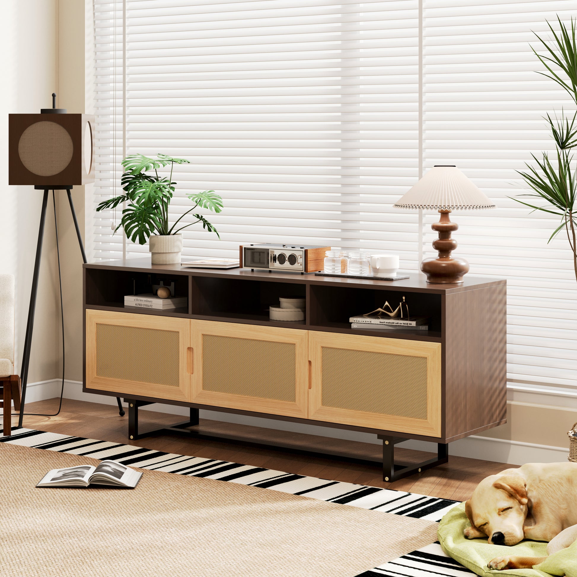 Retro Rattan TV Stand 3 door Media Console with walnut-mdf