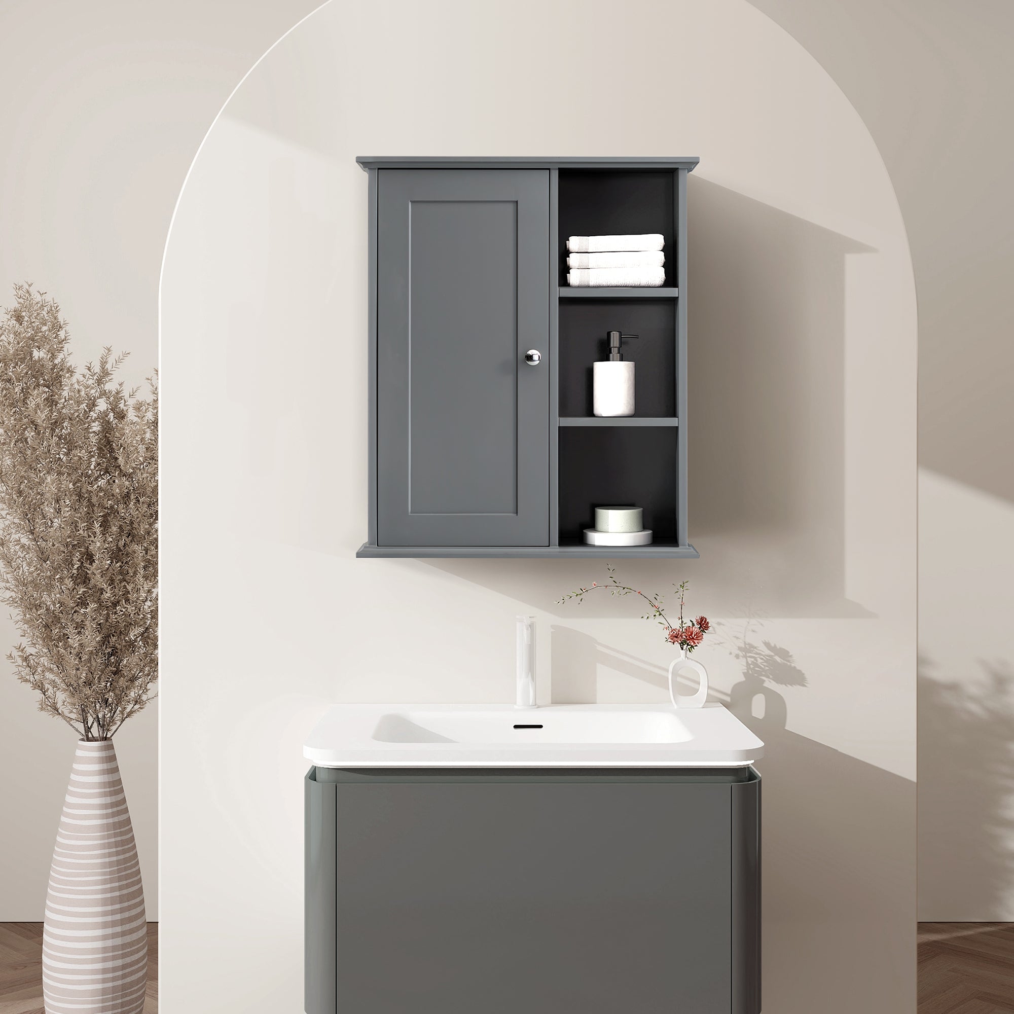 Bathroom Wall Cabinet in Gray Ready to Assemble grey-1-3-soft close doors-wall