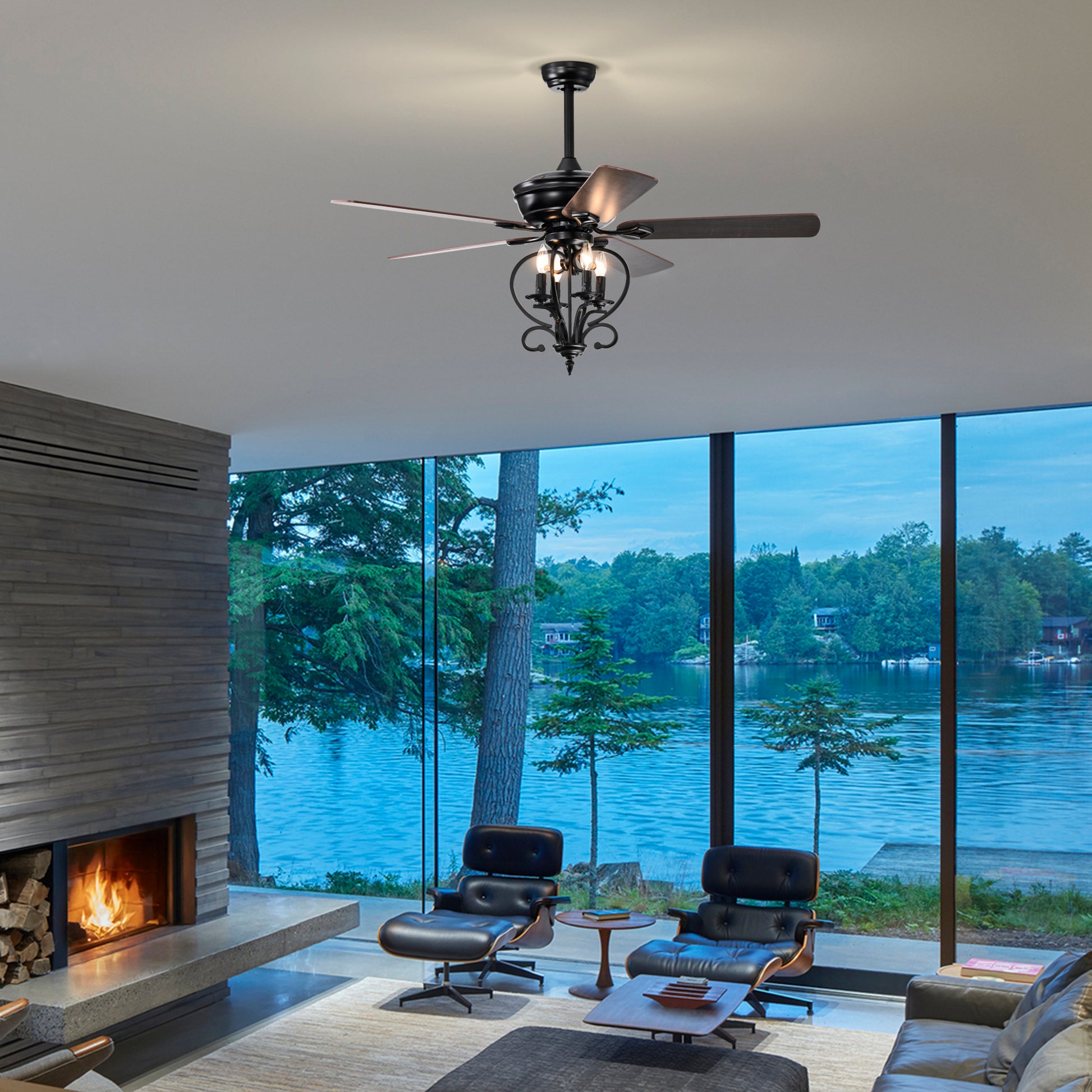 52 inch 4 Lights Ceiling Fan with 5 Wood Blades, Two matte black-traditional-wood-metal