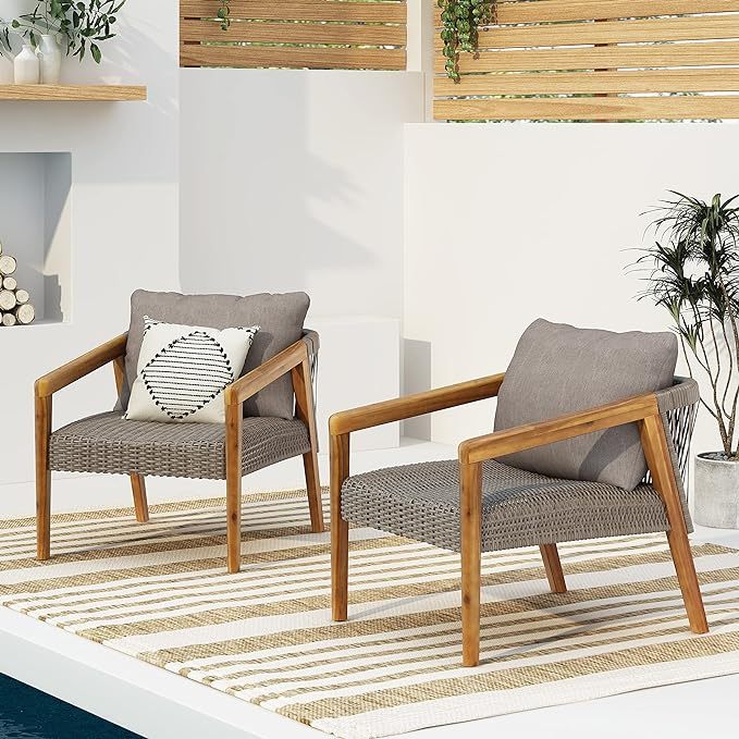 Set of 2 Outdoor Acacia Wood Club Chairs with Cushions grey-acacia wood