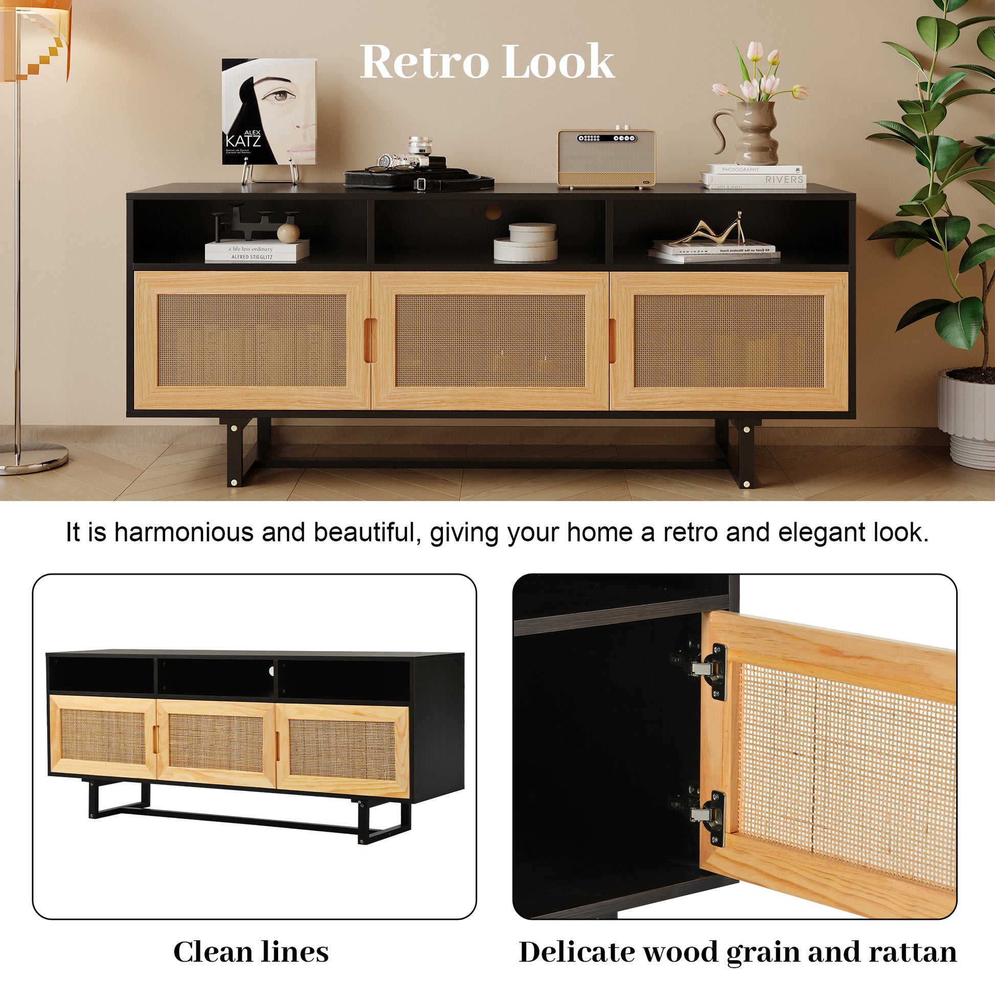 Retro Rattan Console Table 3 door TV Stand Media espresso-mdf