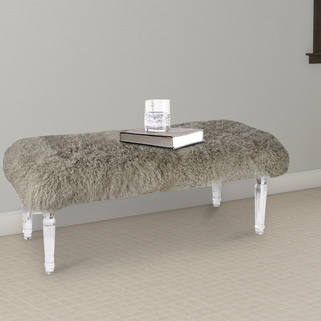 Soft to Touch Gray Mongolian Fur Bench