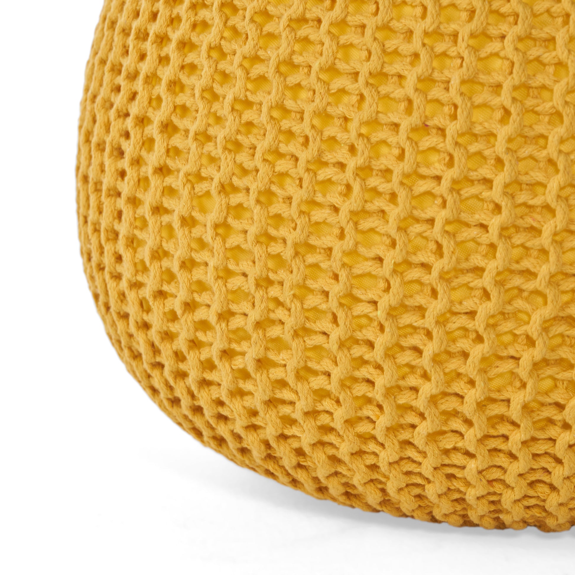 Bordeaux Knitted Cotton Round Pouf, Yellow yellow-cotton