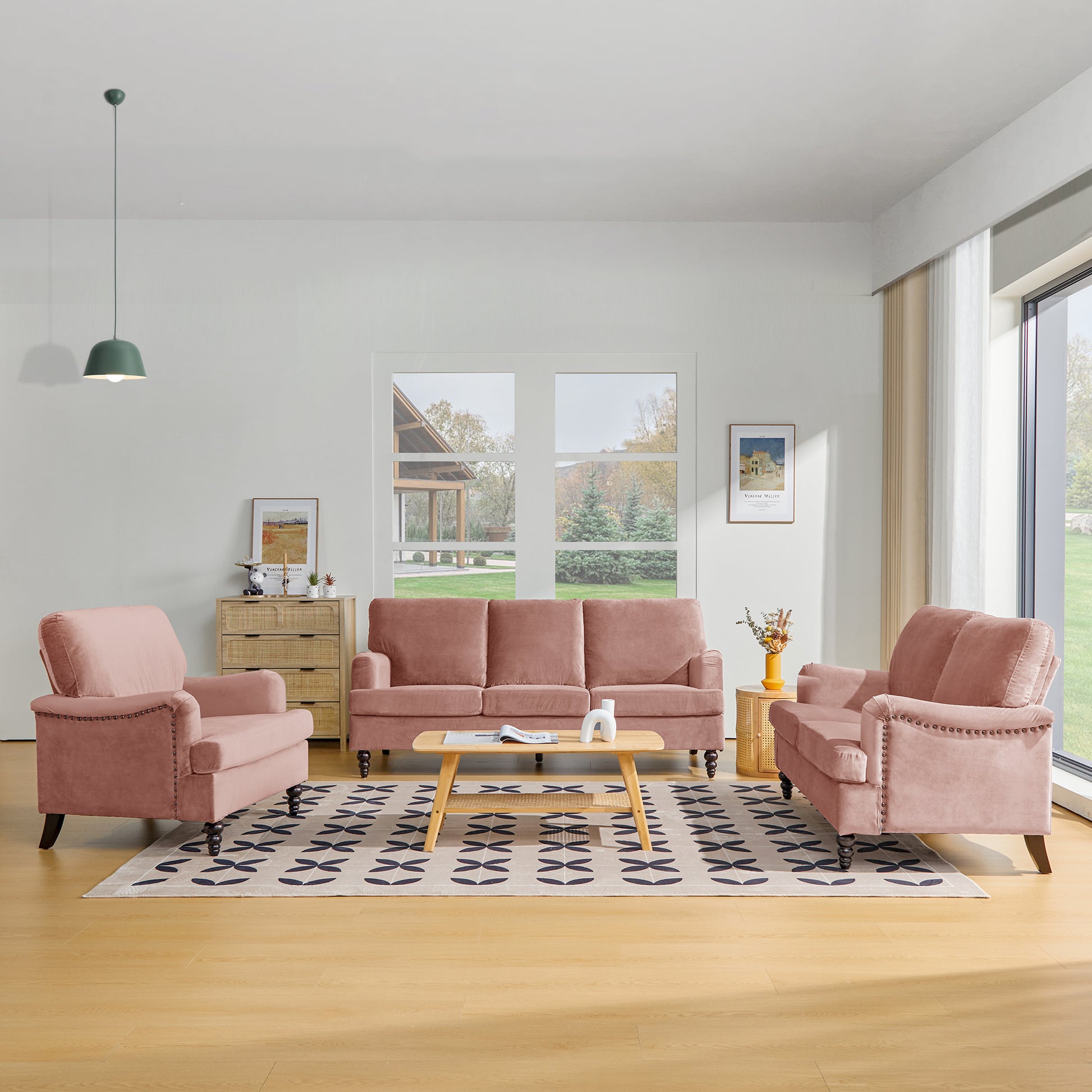 3 Seater Sofa Velvet Couches for Living Room, Sofas pink-metal-pillow back-pine-foam-velvet-3 seat