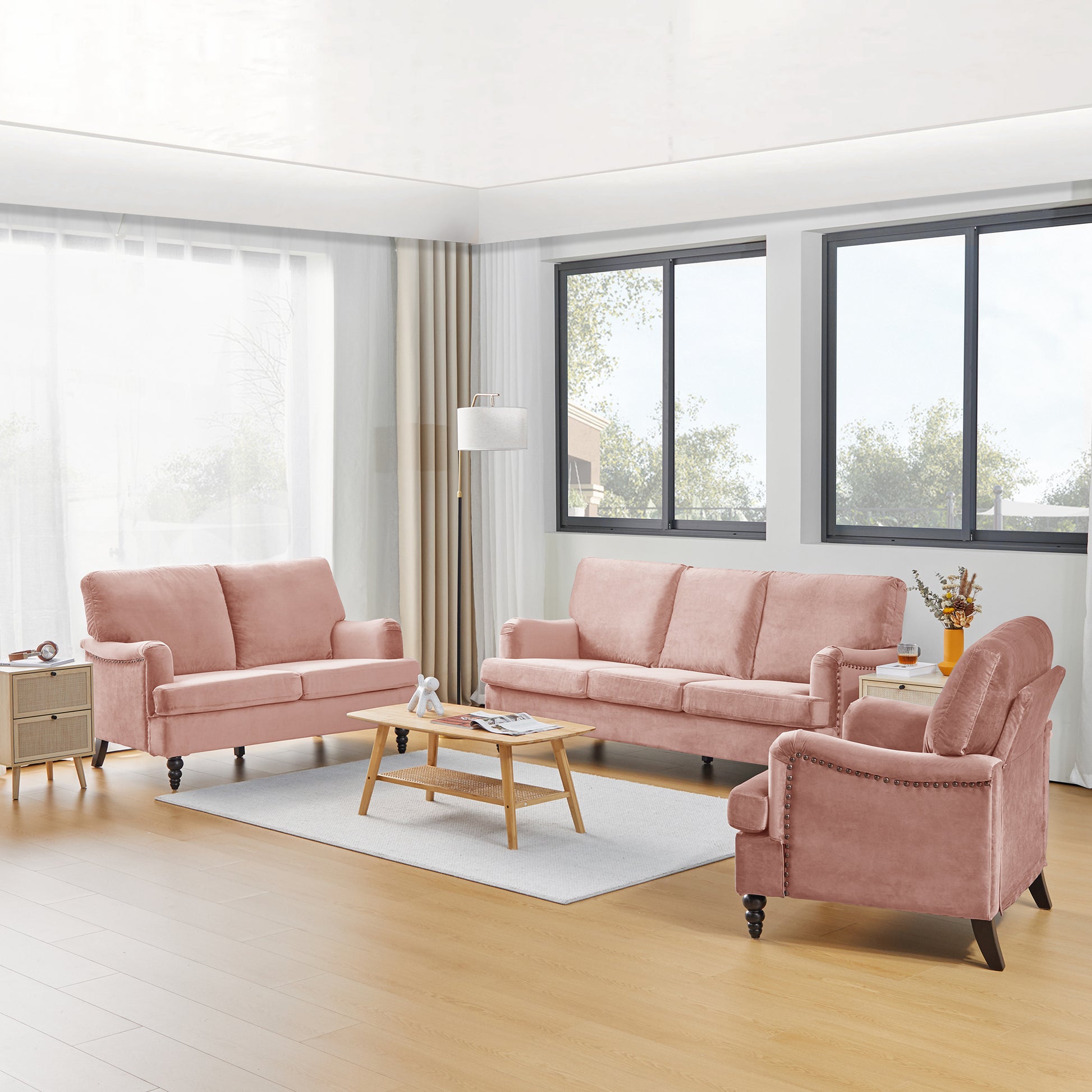 2 Seater Sofa Velvet Couches for Living Room, Sofas pink-metal-pillow back-pine-foam-velvet-2 seat