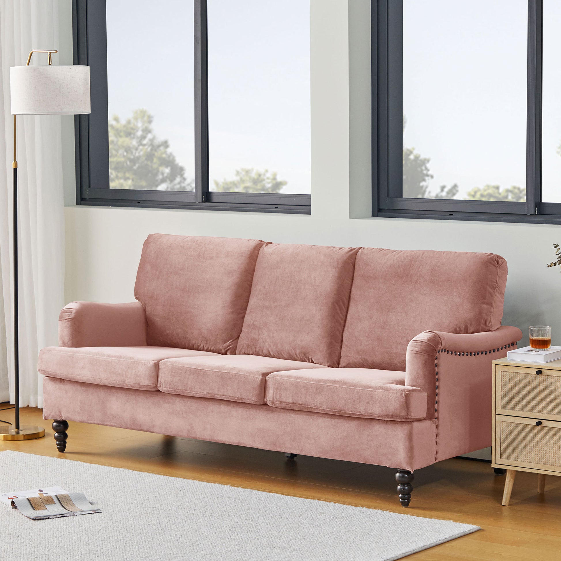 3 Seater Sofa Velvet Couches for Living Room, Sofas pink-metal-pillow back-pine-foam-velvet-3 seat