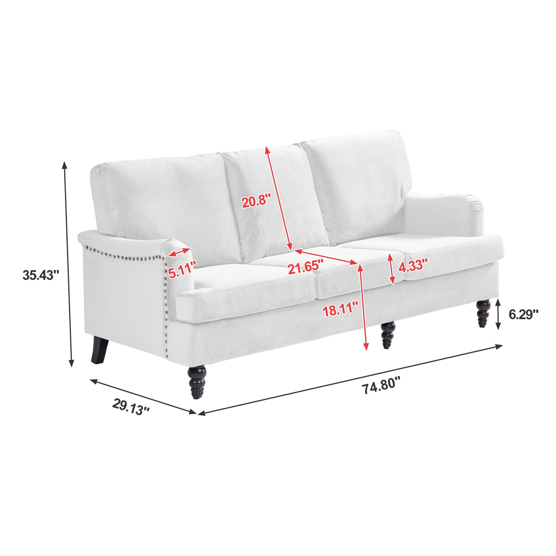 3 Seater Sofa Velvet Couches for Living Room, Sofas white-metal-pillow back-pine-foam-velvet-3 seat