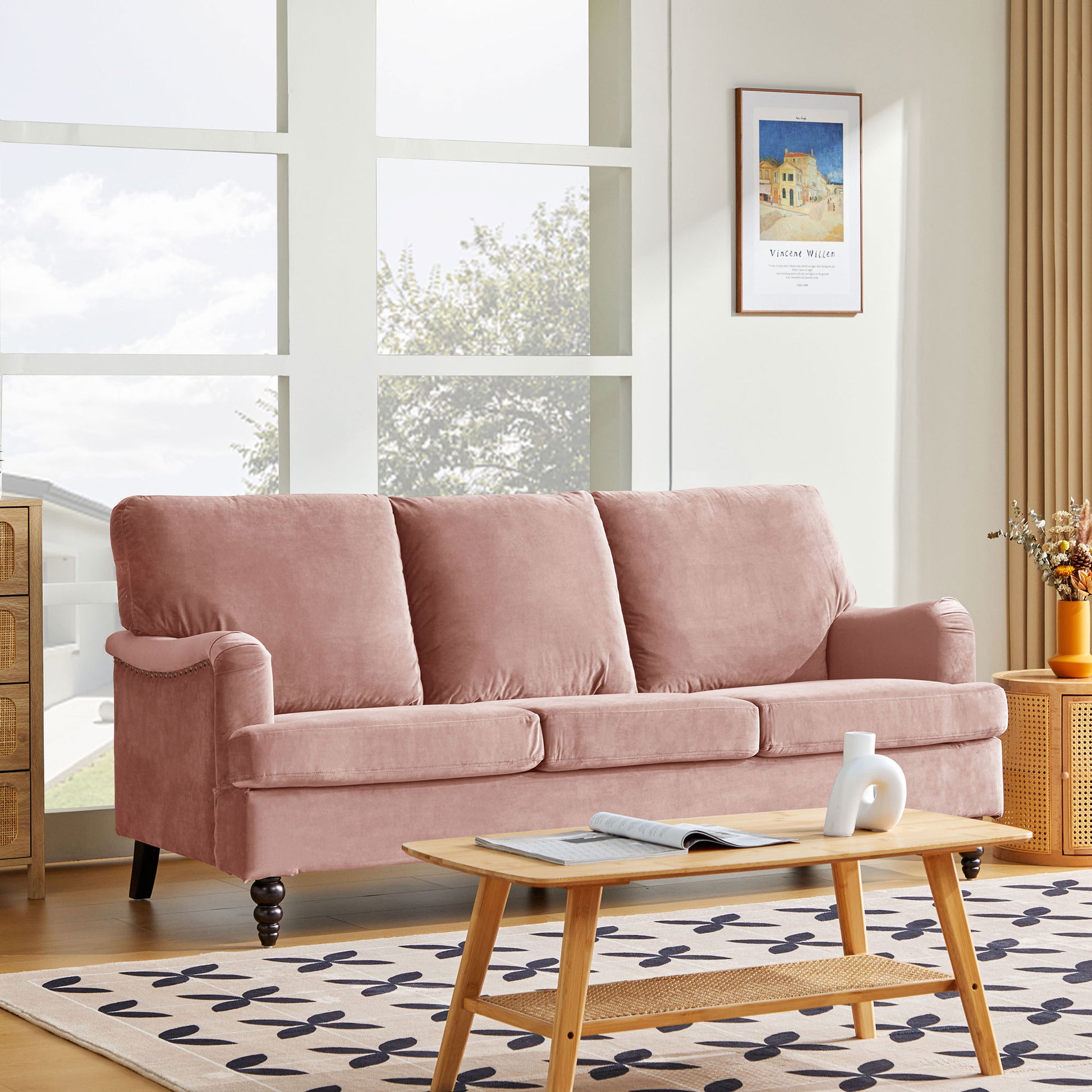 3 Seater Sofa Velvet Couches for Living Room, Sofas pink-metal-pillow back-pine-foam-velvet-3 seat