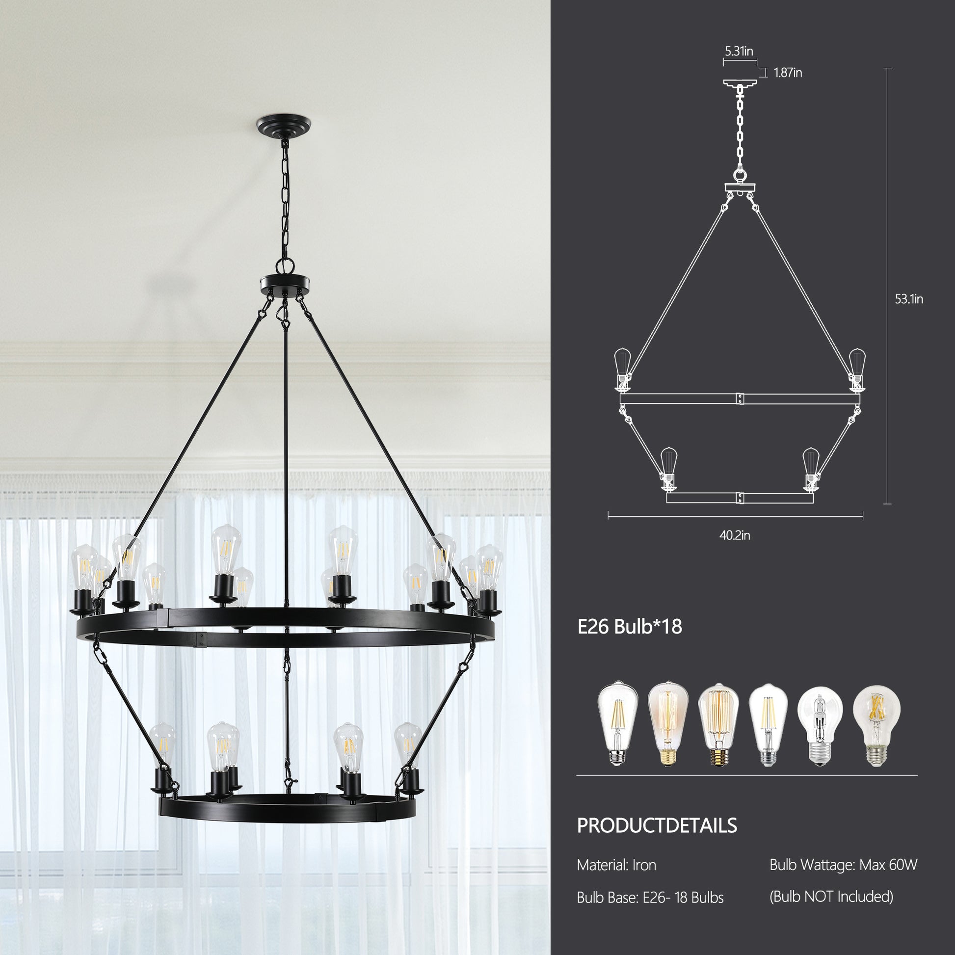 Retro style Large 2 Tier circular ceiling Ironwork black-retro-iron