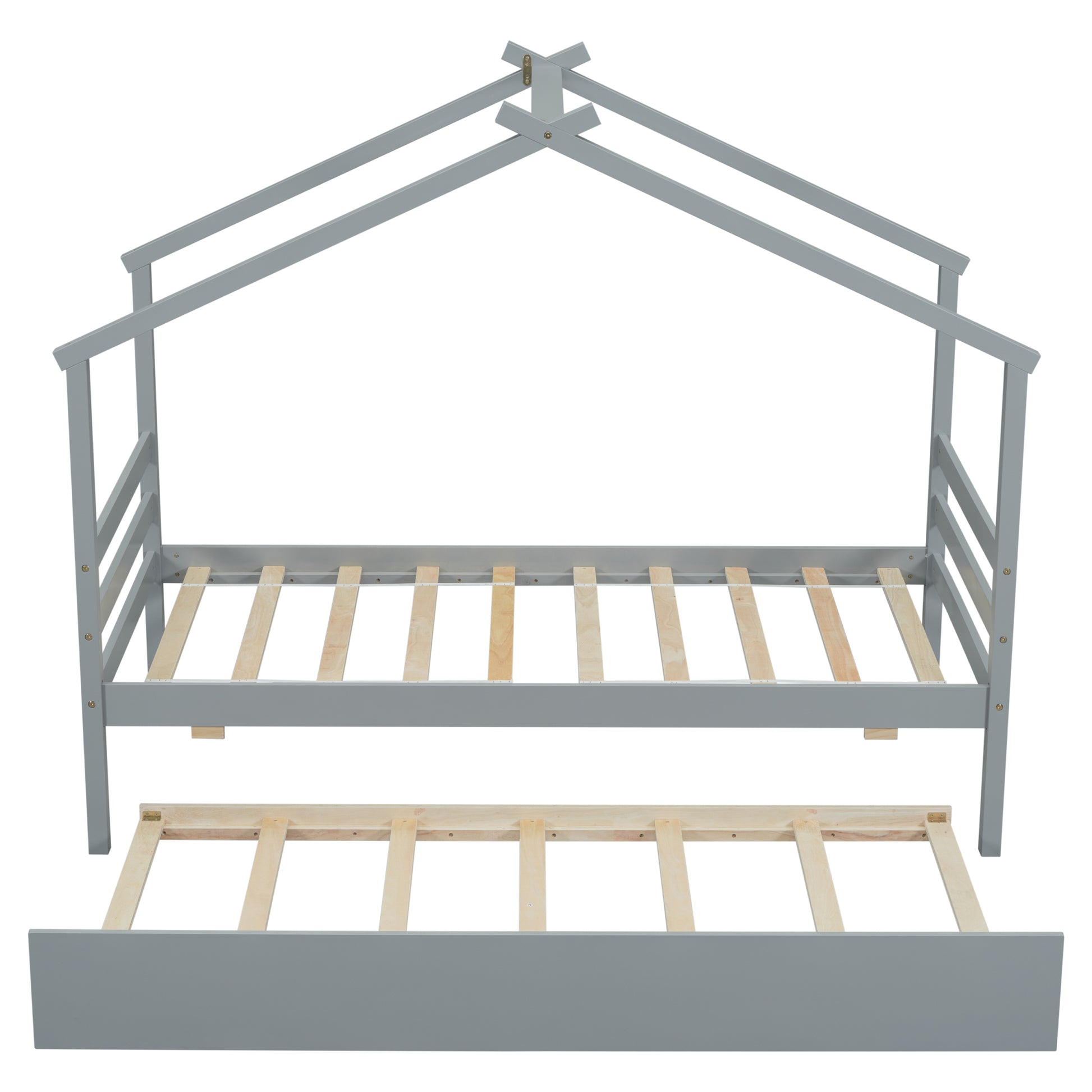 Twin Size House shaped Bed with Trundle,Grey twin-grey-wood-bedroom-american design-pine-bed