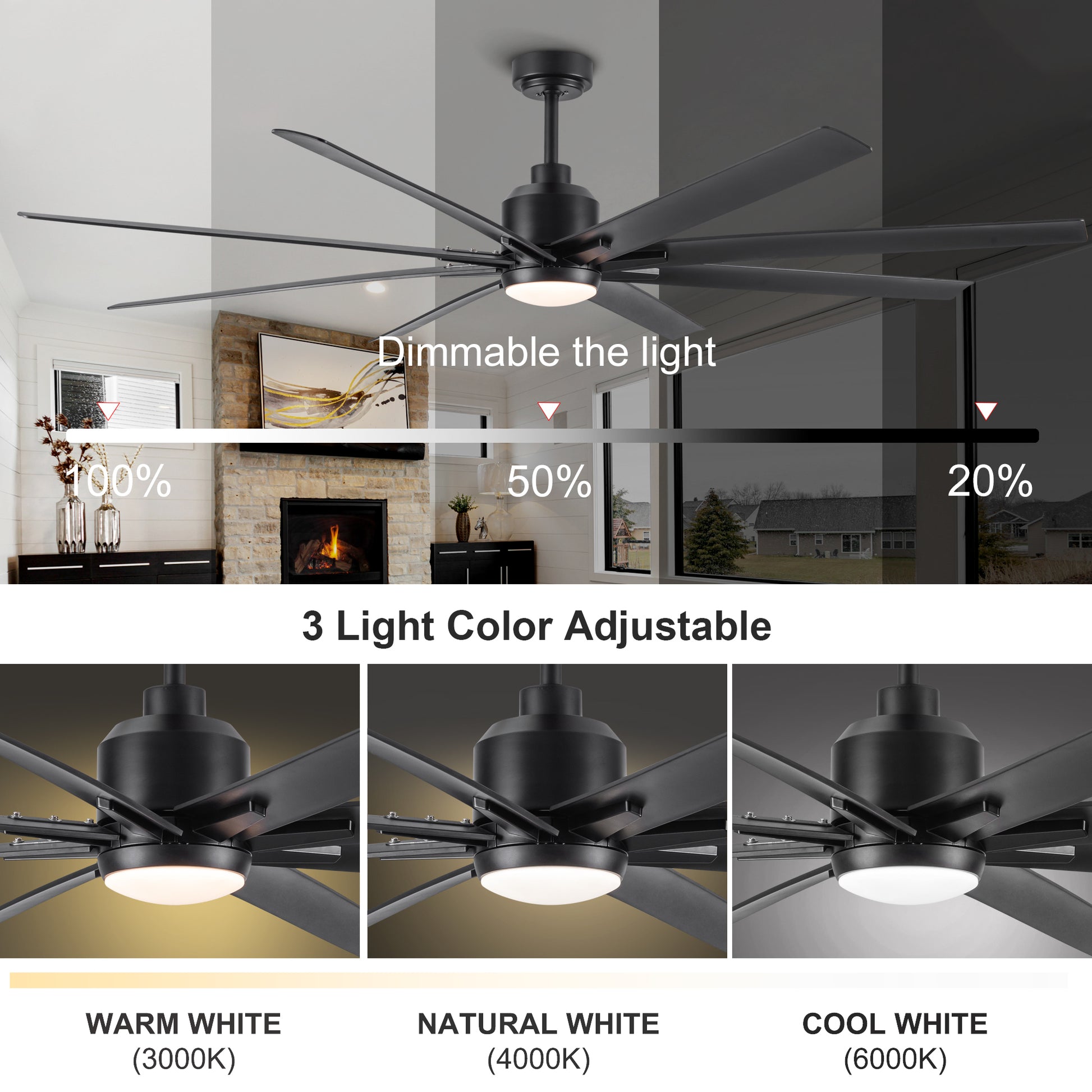 72'' Indoor Smart Black Ceiling Fan With Led