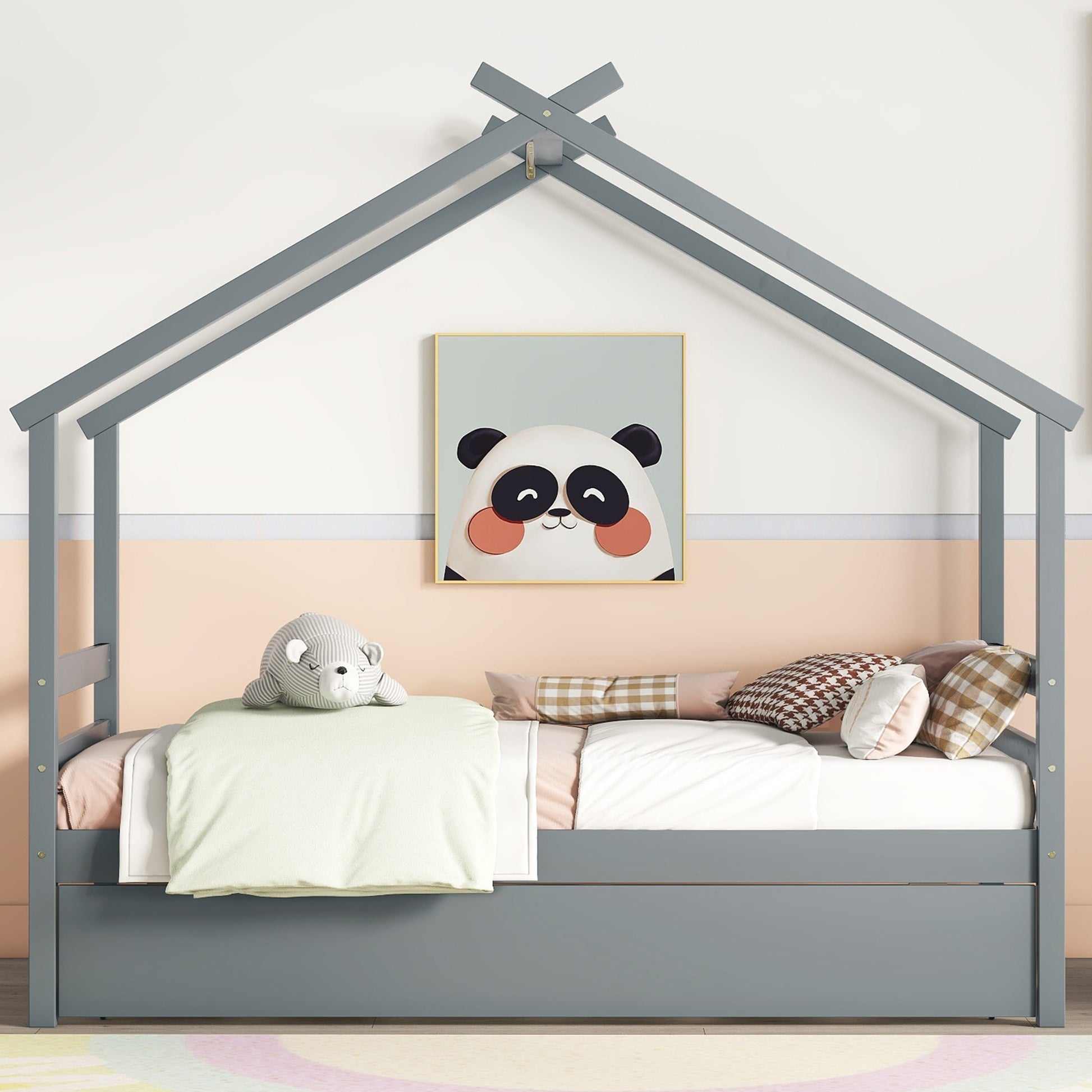 Twin Size House shaped Bed with Trundle,Grey twin-grey-wood-bedroom-american design-pine-bed