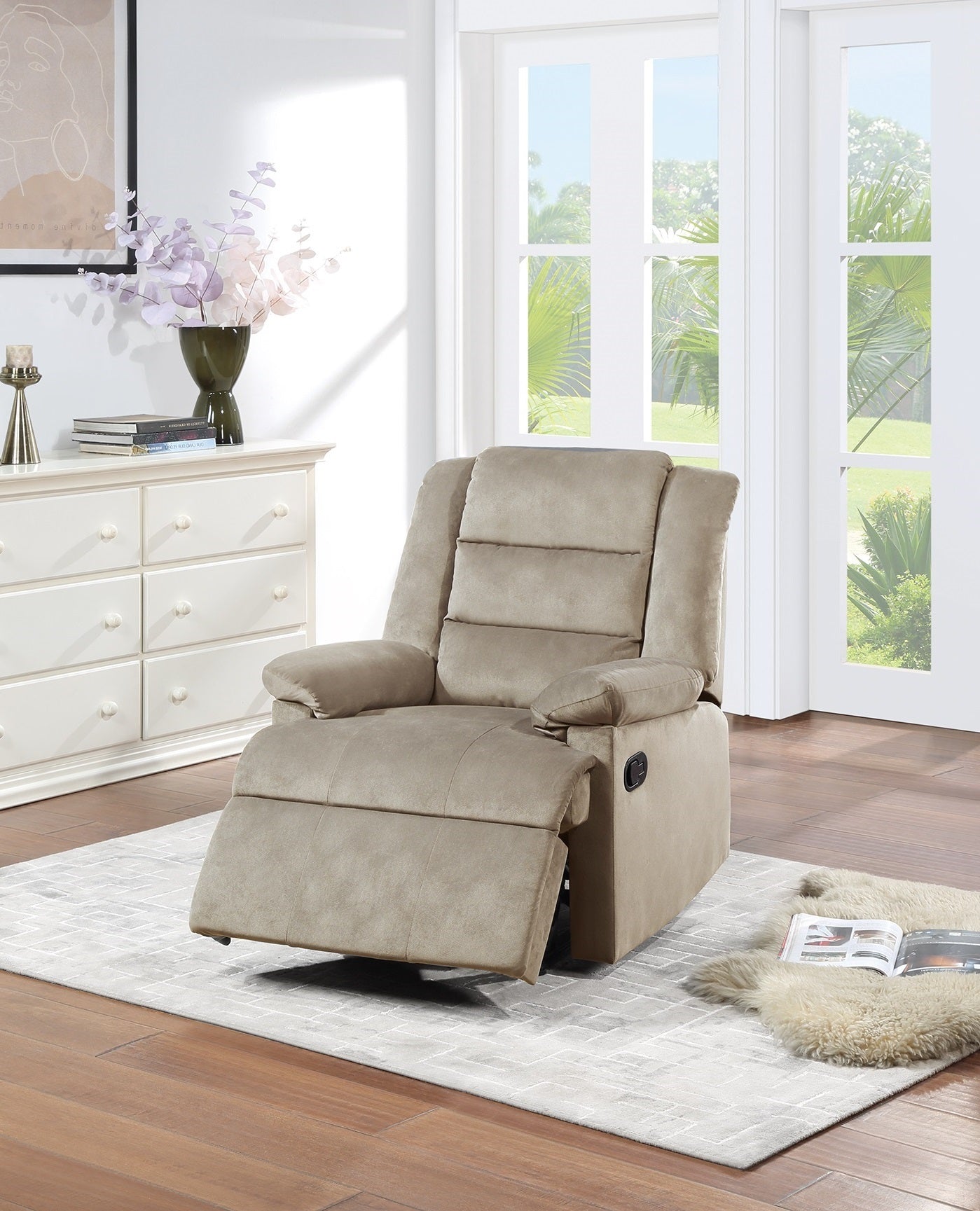 Contemporary Beige Color Velvet Fabric Recliner Motion beige-velvet-manual-handle-metal-primary living