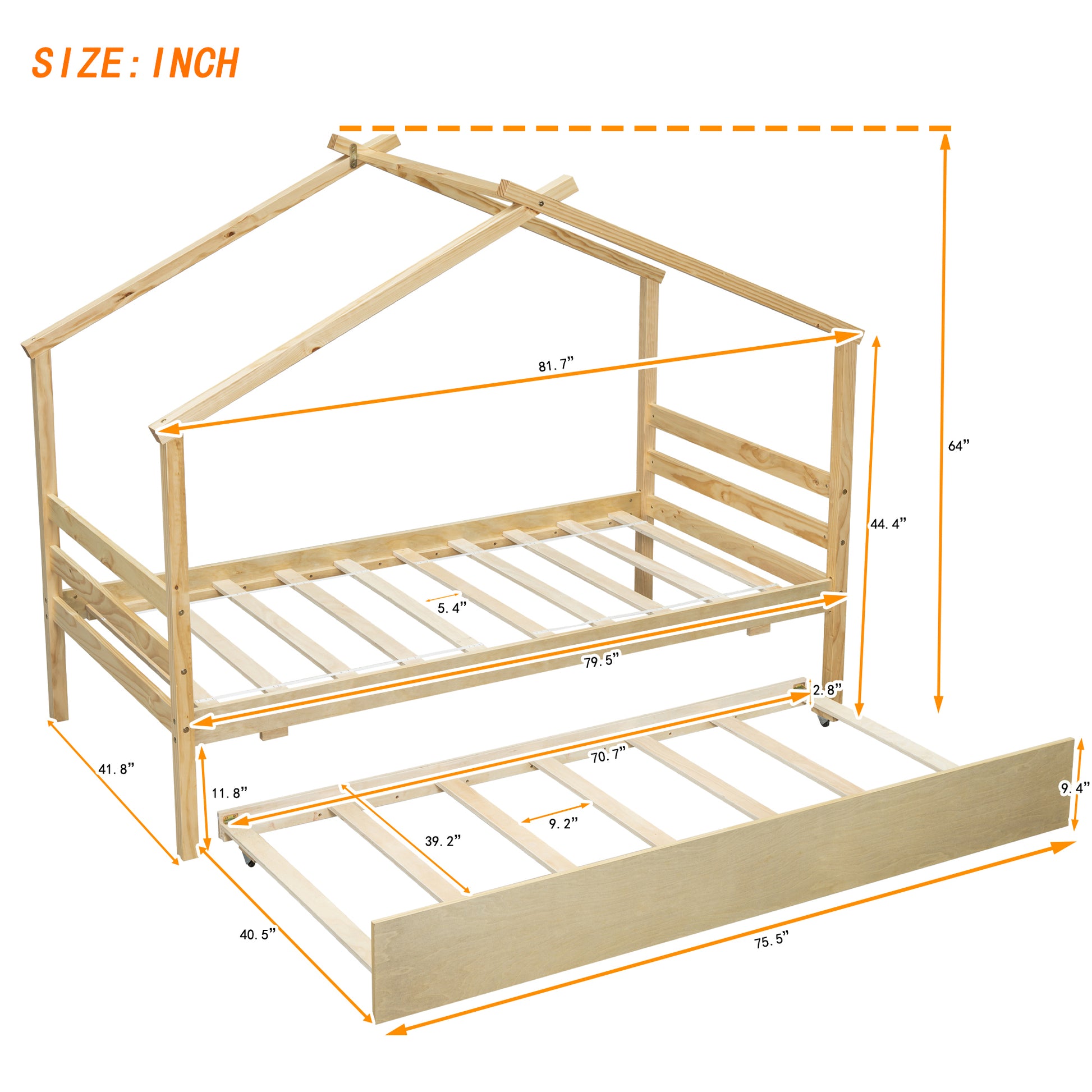 Twin Size House shaped Bed with Trundle,Natural twin-natural-wood-bedroom-american