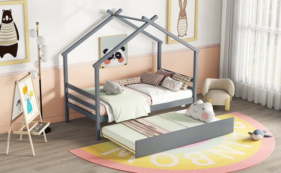 Twin Size House shaped Bed with Trundle,Grey twin-grey-wood-bedroom-american design-pine-bed