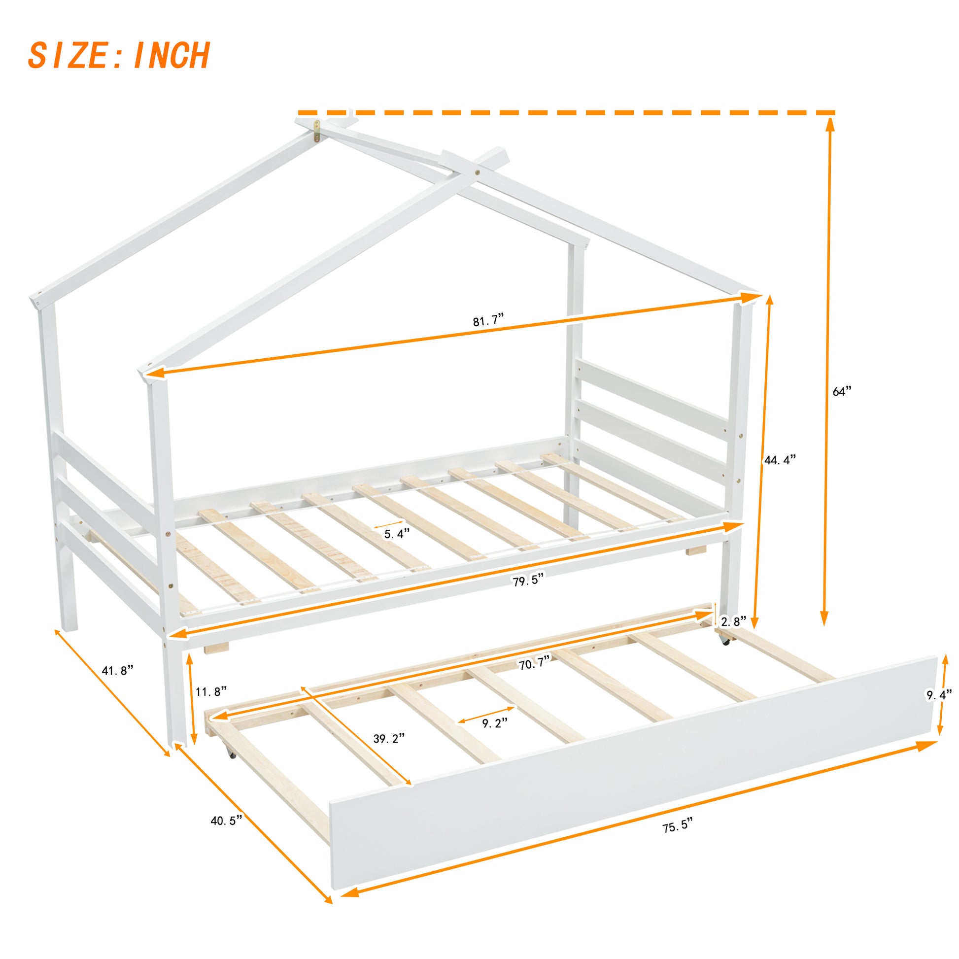 Twin Size House shaped Bed with Trundle,White twin-white-wood-bedroom-american design-pine-bed