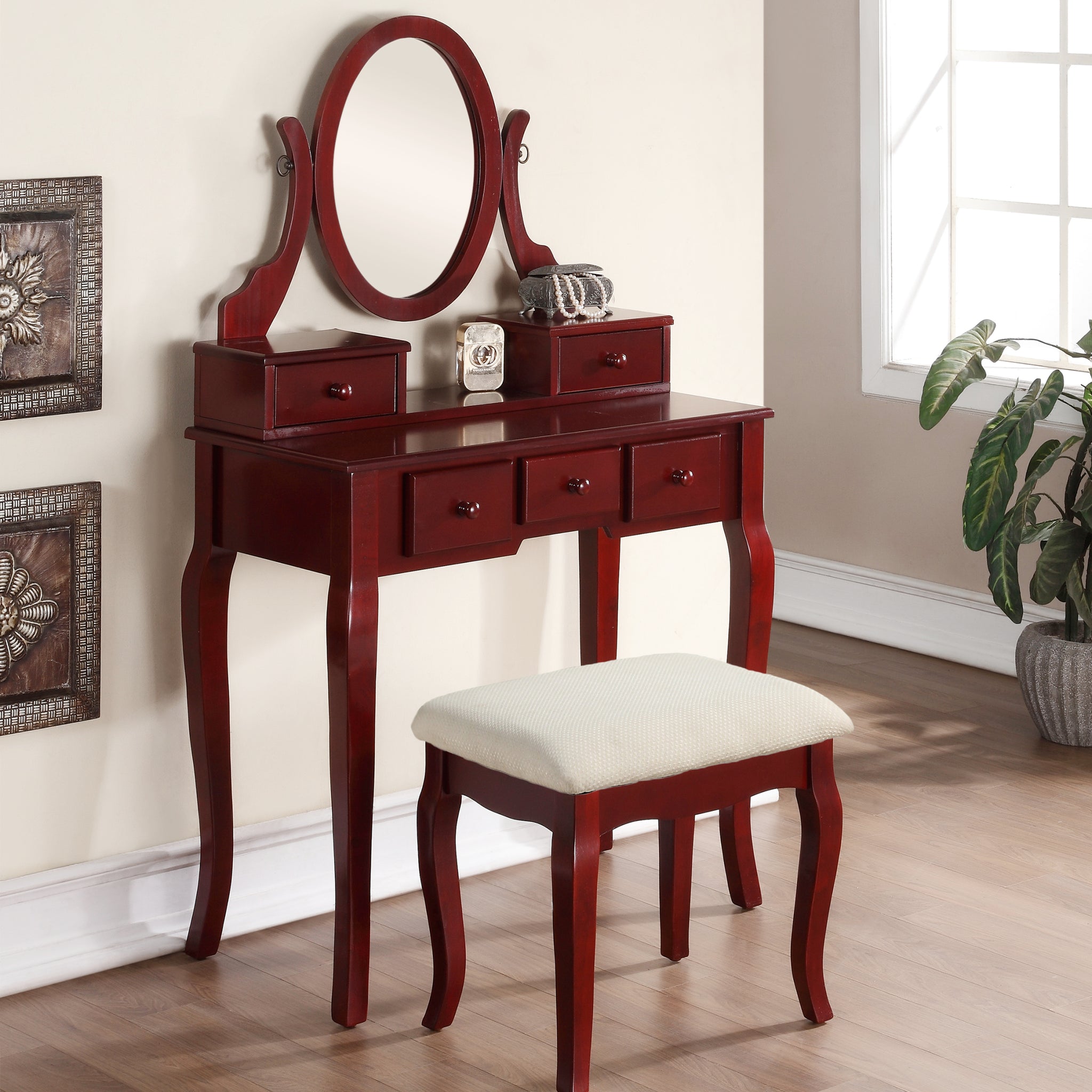 Ashley Wood Make Up Vanity Table and Stool Set, Cherry cherry-wood