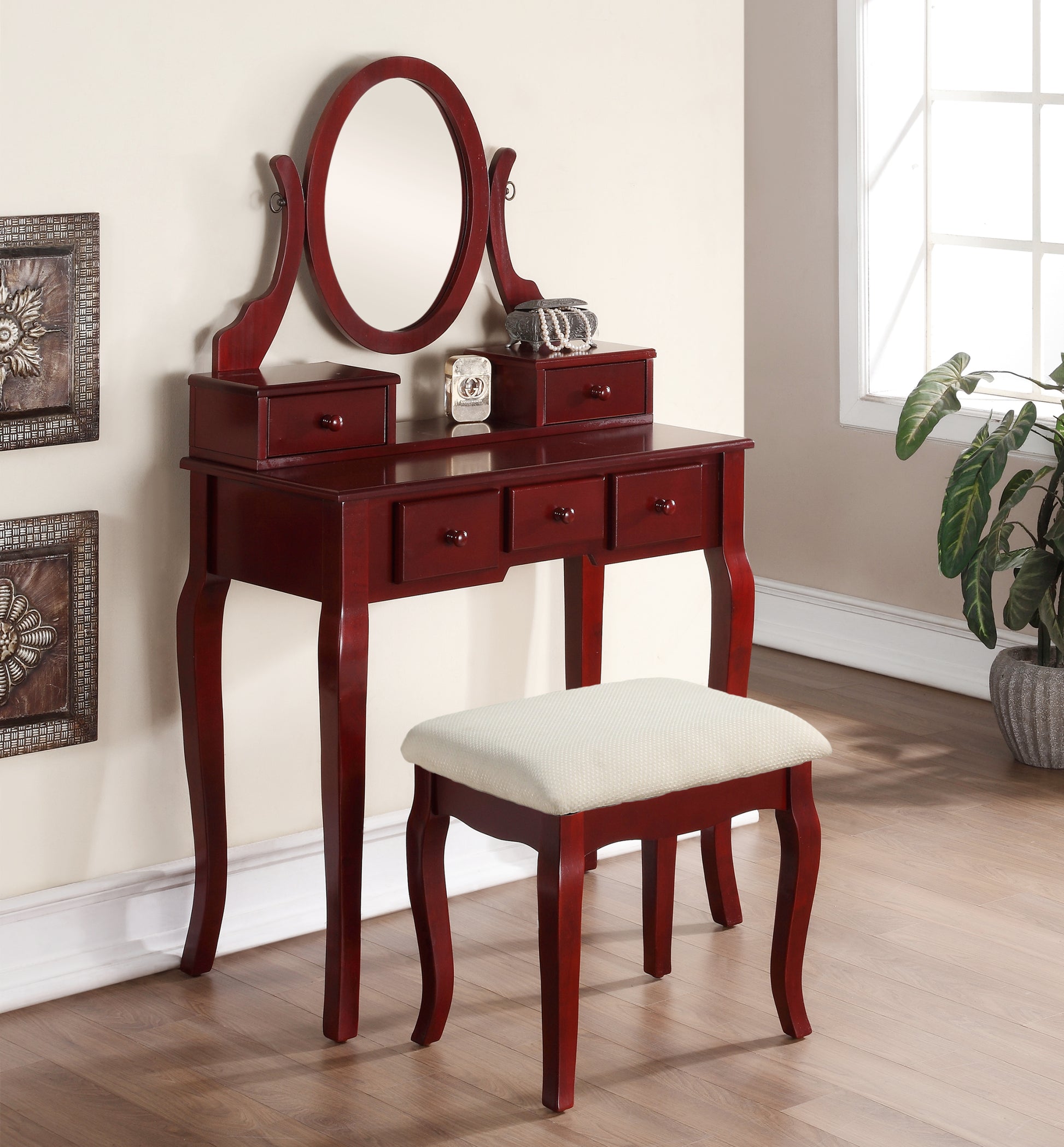 Ashley Wood Make Up Vanity Table and Stool Set, Cherry cherry-wood