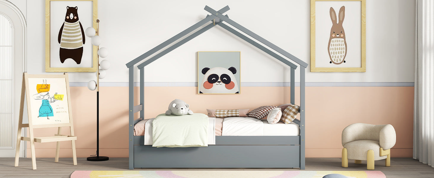 Twin Size House shaped Bed with Trundle,Grey twin-grey-wood-bedroom-american design-pine-bed