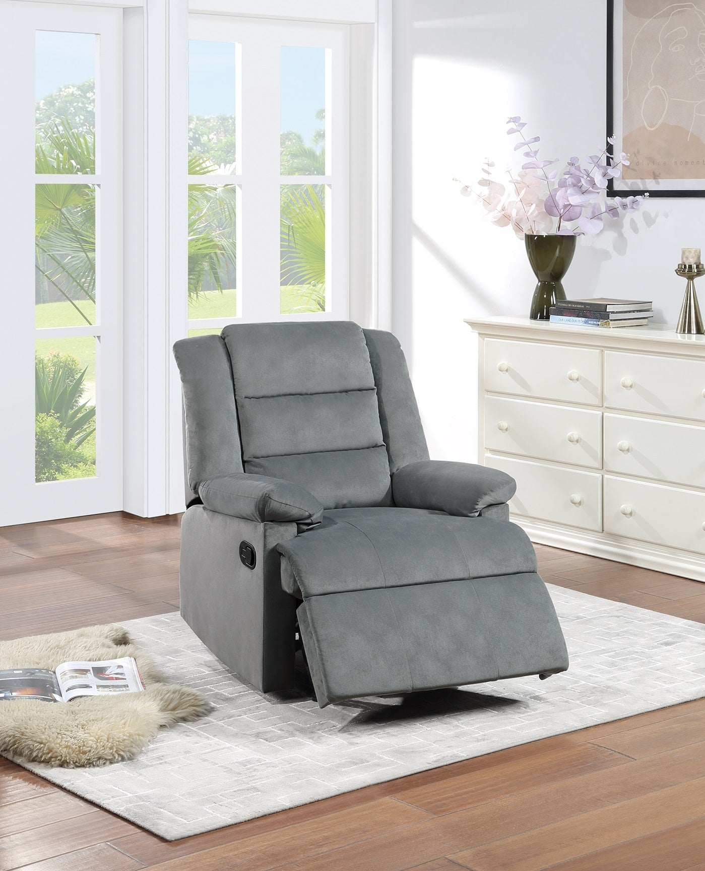 Contemporary Dark Gray Color Velvet Fabric Recliner dark gray-velvet-manual-handle-metal-primary