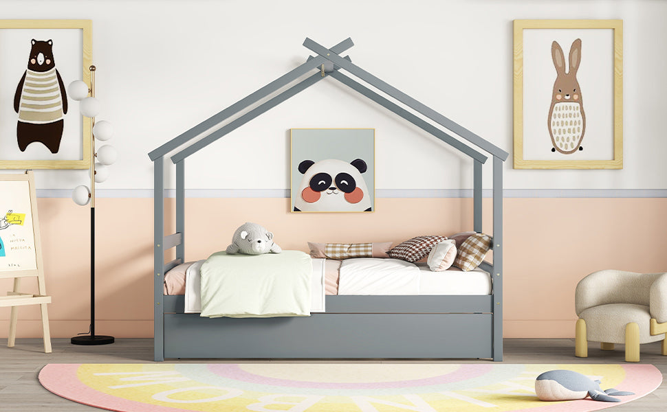 Twin Size House shaped Bed with Trundle,Grey twin-grey-wood-bedroom-american design-pine-bed