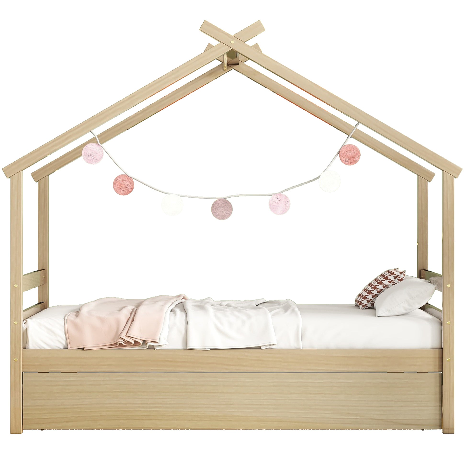 Twin Size House shaped Bed with Trundle,Natural twin-natural-wood-bedroom-american