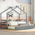 Twin Size House shaped Bed with Trundle,Grey twin-grey-wood-bedroom-american design-pine-bed