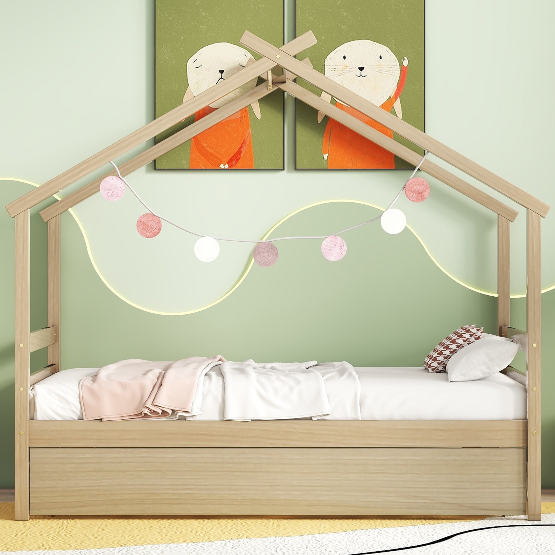 Twin Size House shaped Bed with Trundle,Natural twin-natural-wood-bedroom-american