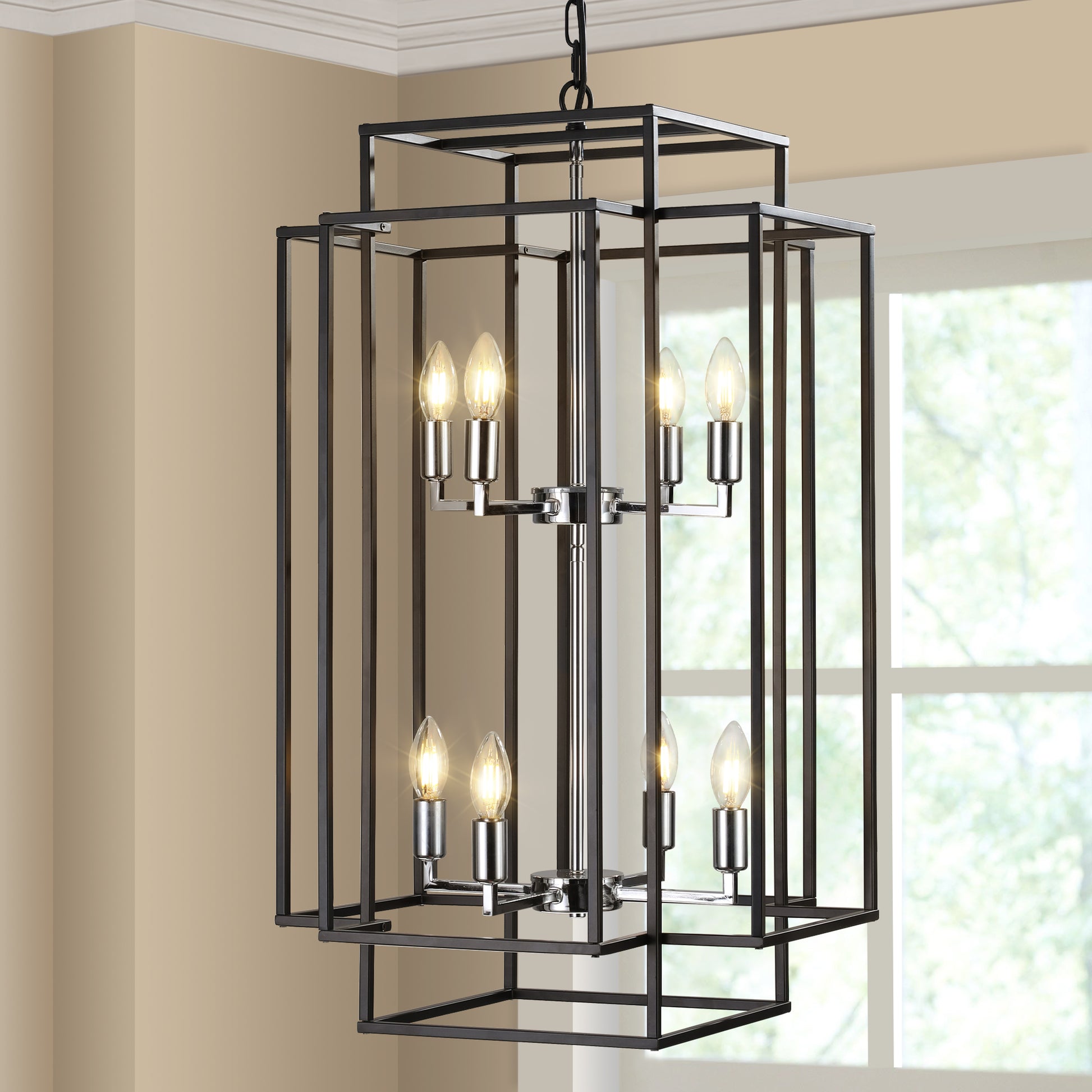 8 Lights Lantern Tiered Pendant Light Fixtures silver-farmhouse-iron