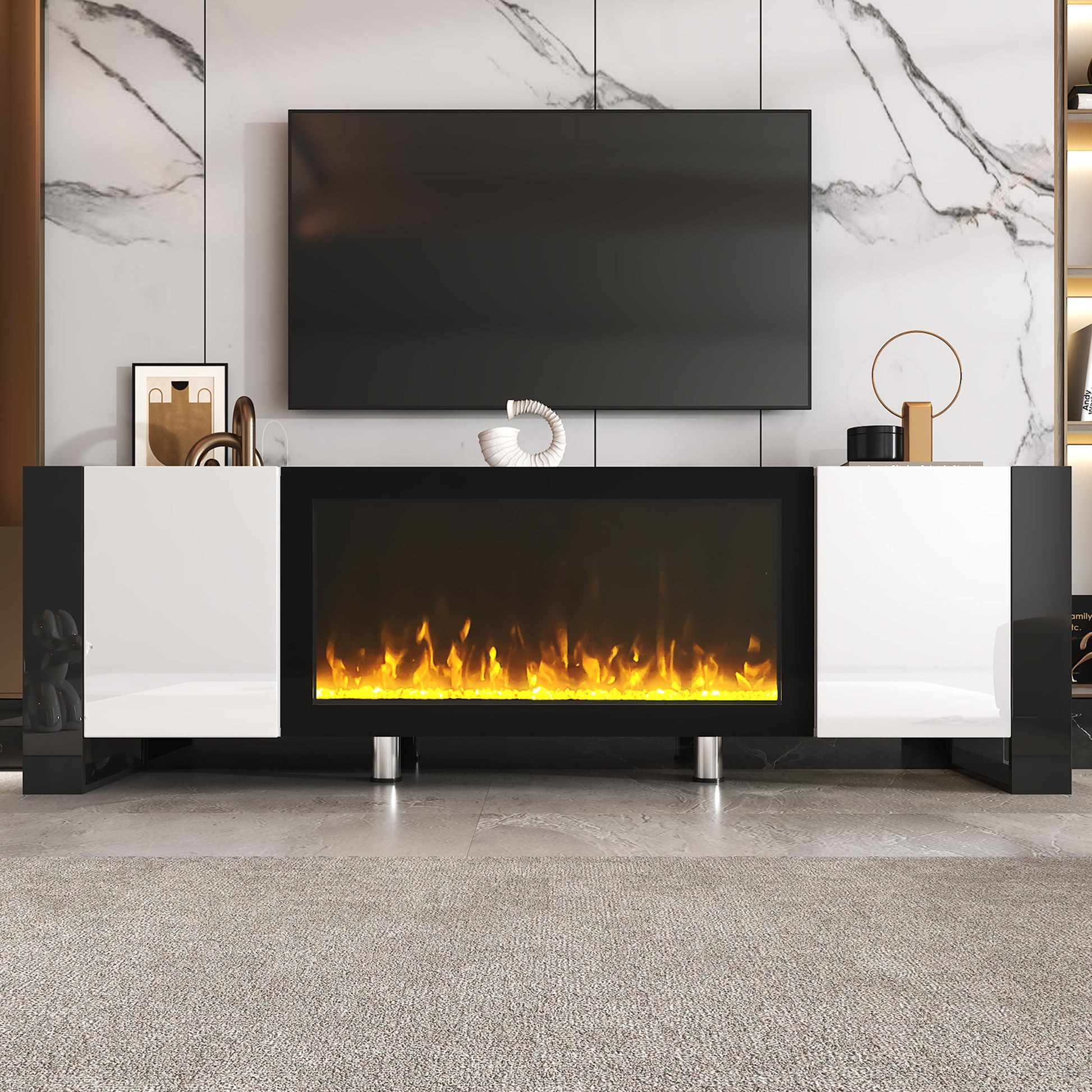 ON TREND Modern TV Stand with 34.2" Non heating white-primary living space-70-79 inches-70-79