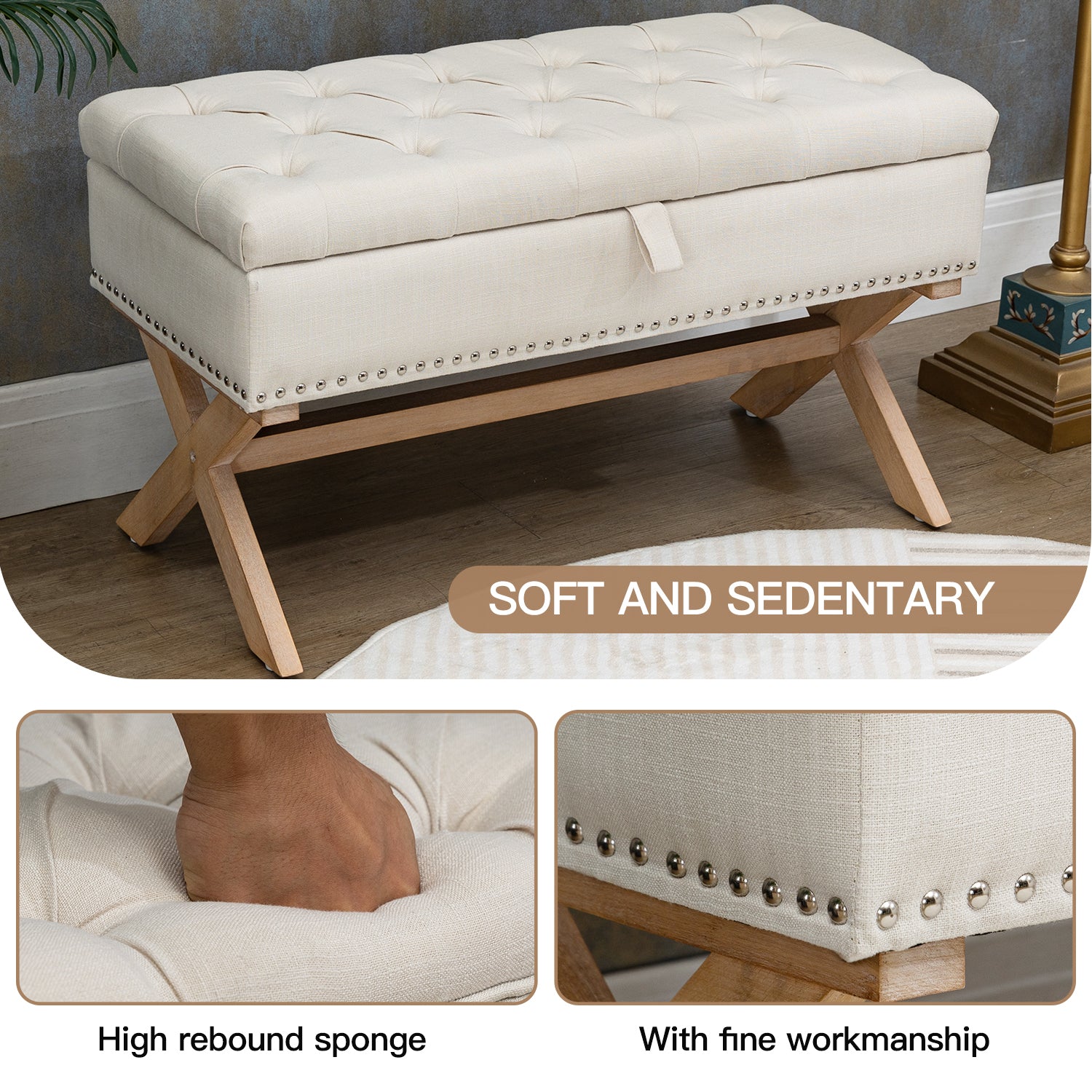 35 Inch Storage Ottoman, Button Tufted Ottoman