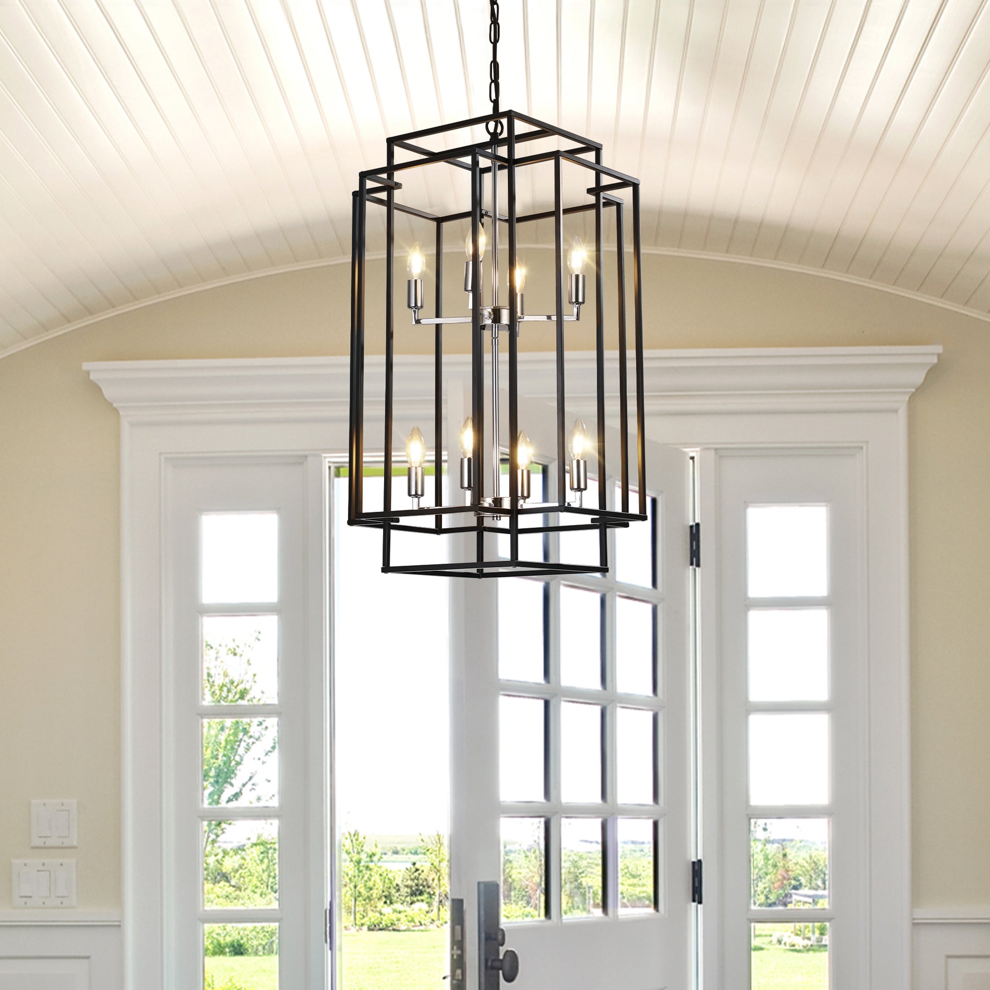 8 Lights Lantern Tiered Pendant Light Fixtures silver-farmhouse-iron