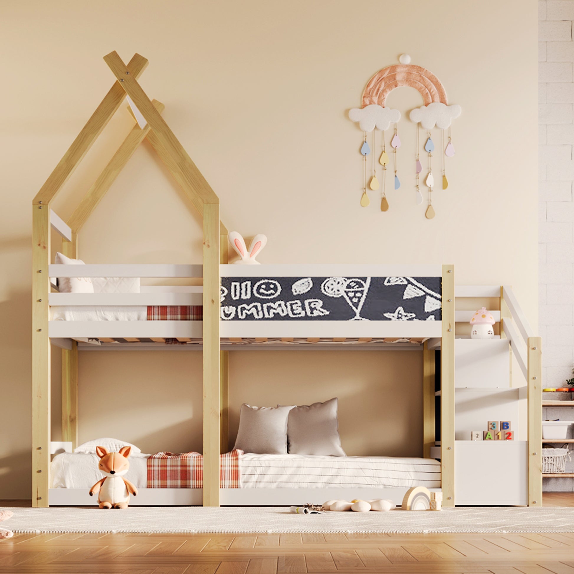 Twin over Twin House Bunk Bed with White Storage box spring not required-twin-white-bed frame-pine