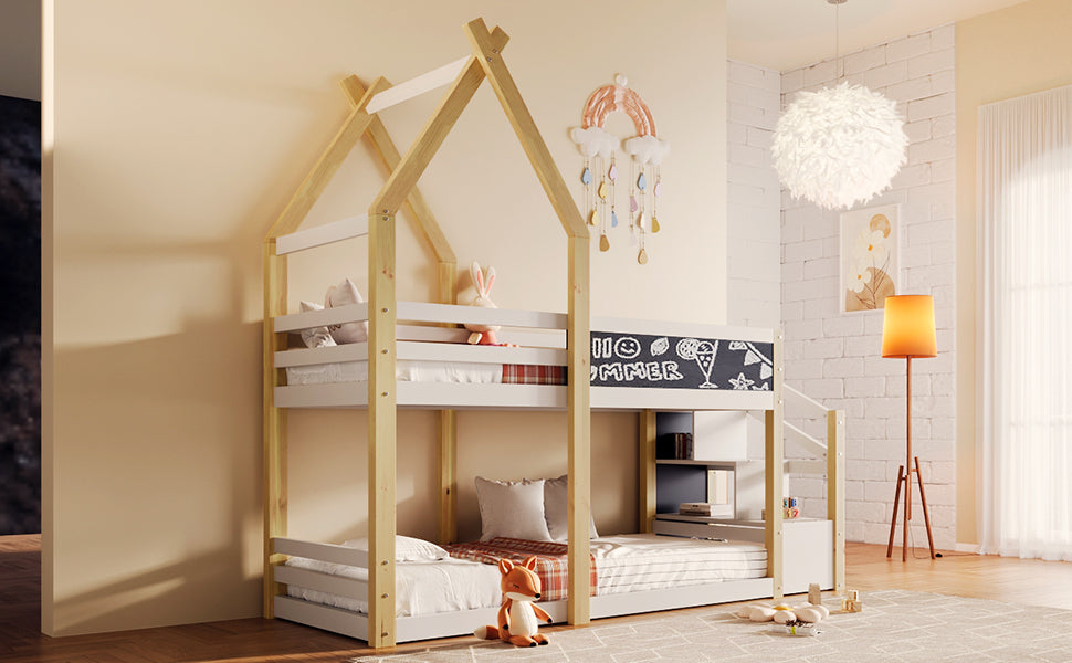 Twin over Twin House Bunk Bed with White Storage box spring not required-twin-white-bed frame-pine