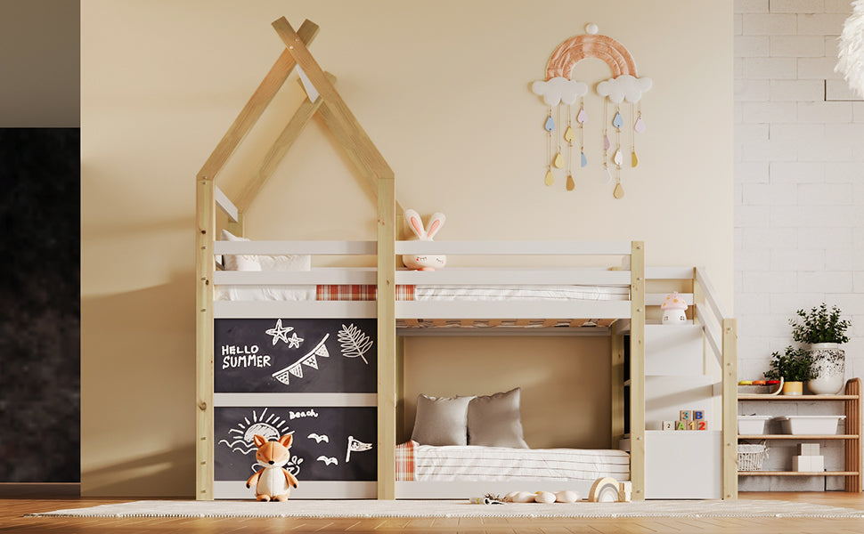 Twin over Twin House Bunk Bed with White Storage box spring not required-twin-white-bed frame-pine