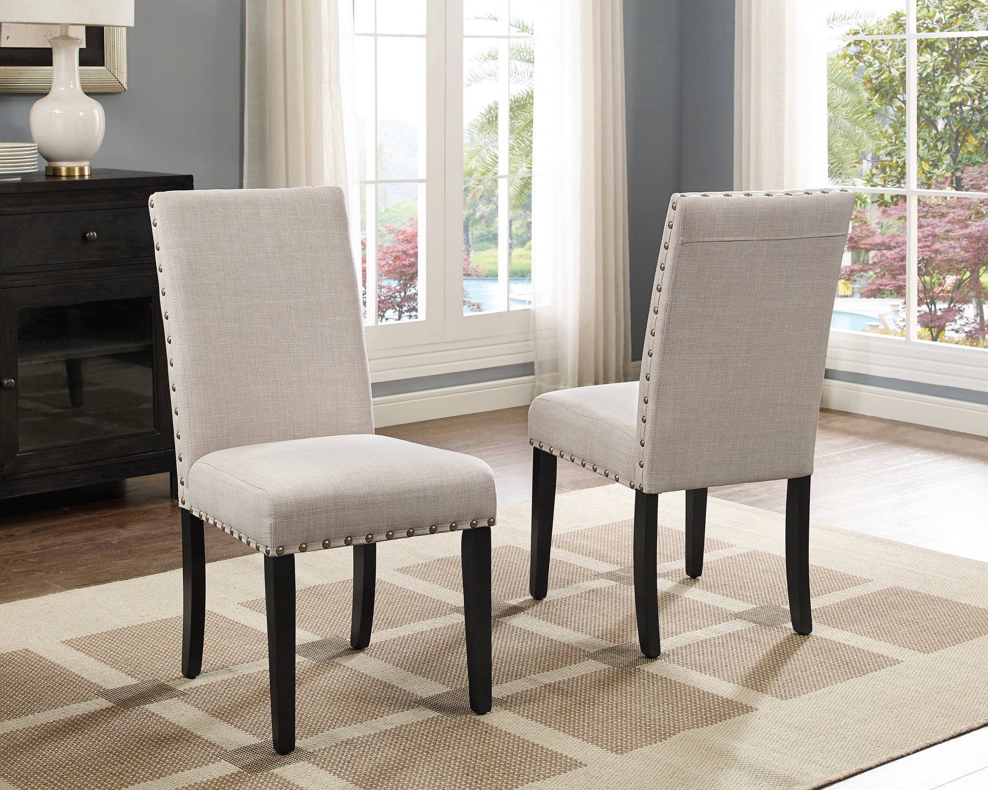 Biony Fabric Dining Chairs with Nailhead Trim, Set of tan-polyester