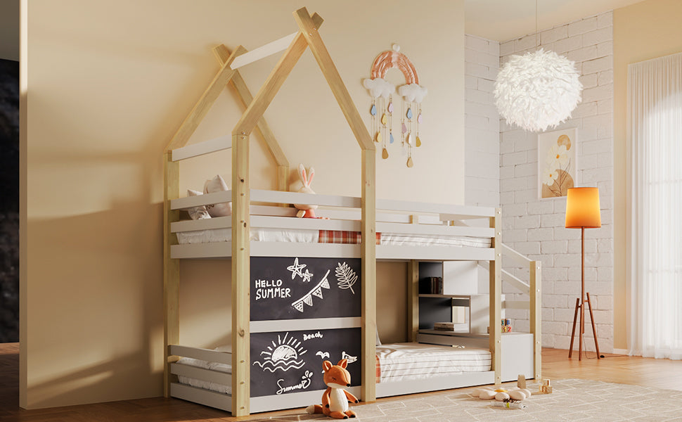 Twin over Twin House Bunk Bed with White Storage box spring not required-twin-white-bed frame-pine