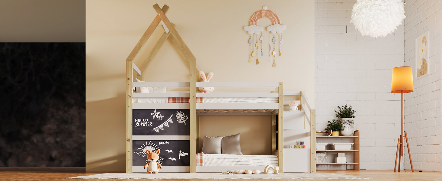 Twin over Twin House Bunk Bed with White Storage box spring not required-twin-white-bed frame-pine