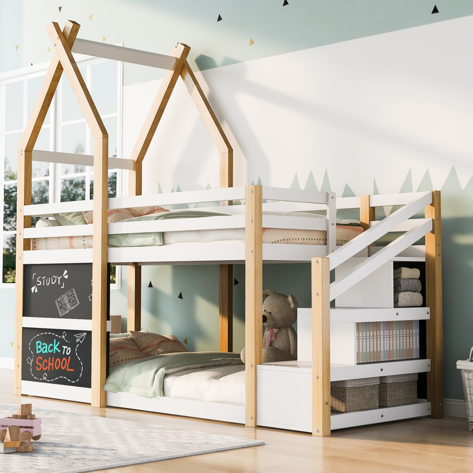 Twin over Twin House Bunk Bed with White Storage box spring not required-twin-white-bed frame-pine