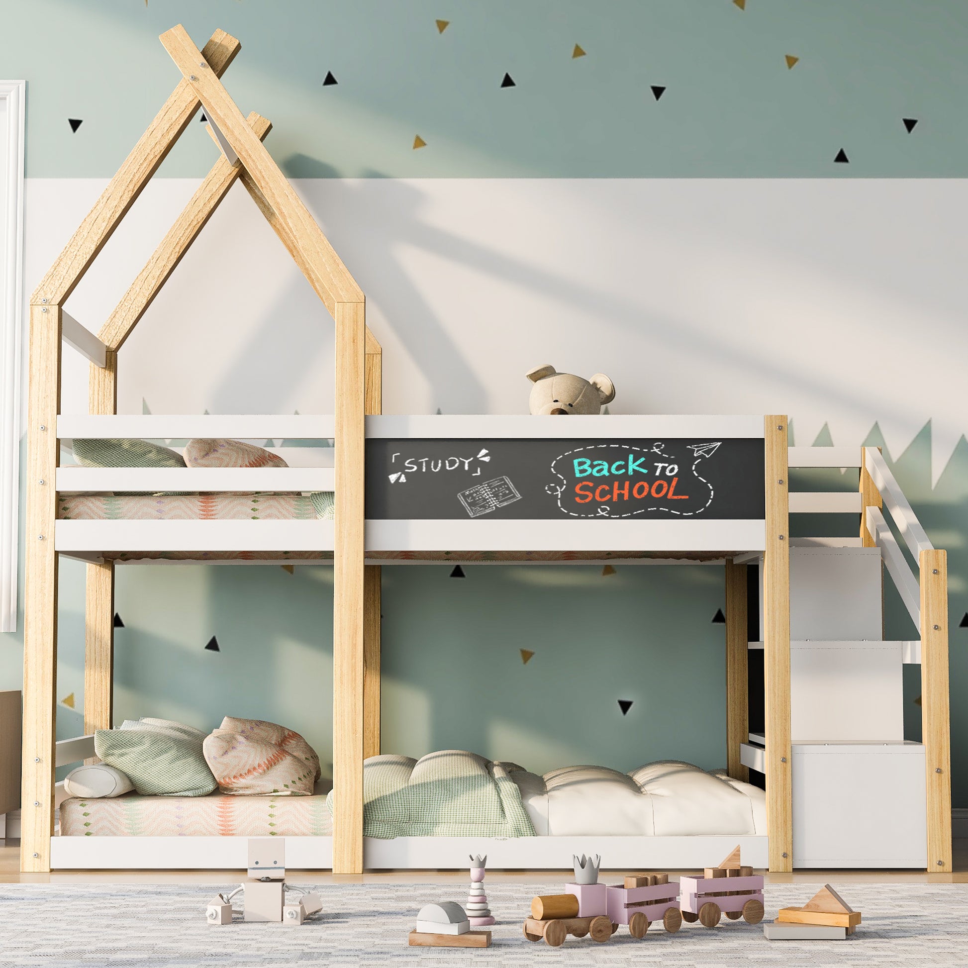 Twin over Twin House Bunk Bed with White Storage box spring not required-twin-white-bed frame-pine