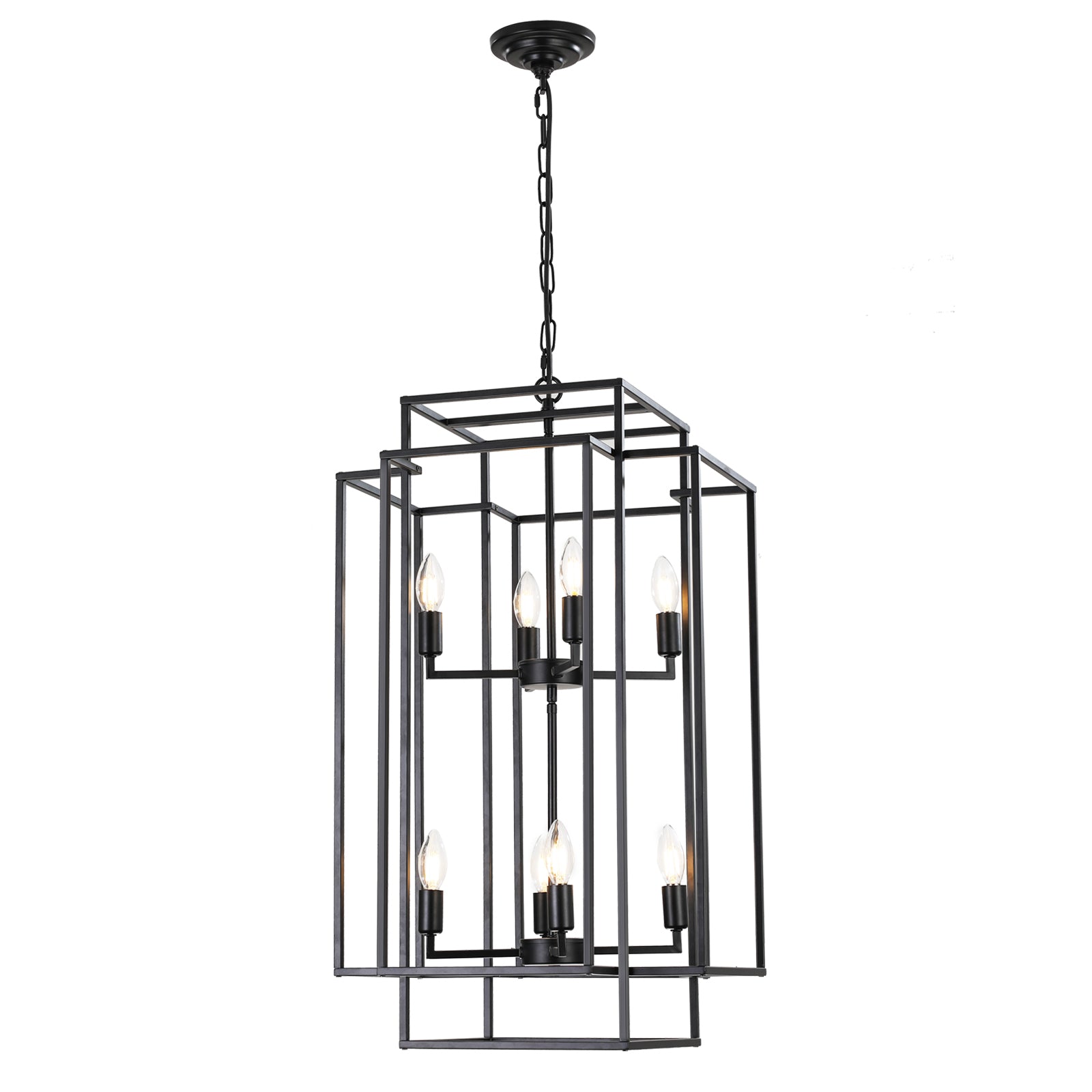 8 Lights Lantern Tiered Pendant Light Fixtures black-farmhouse-iron