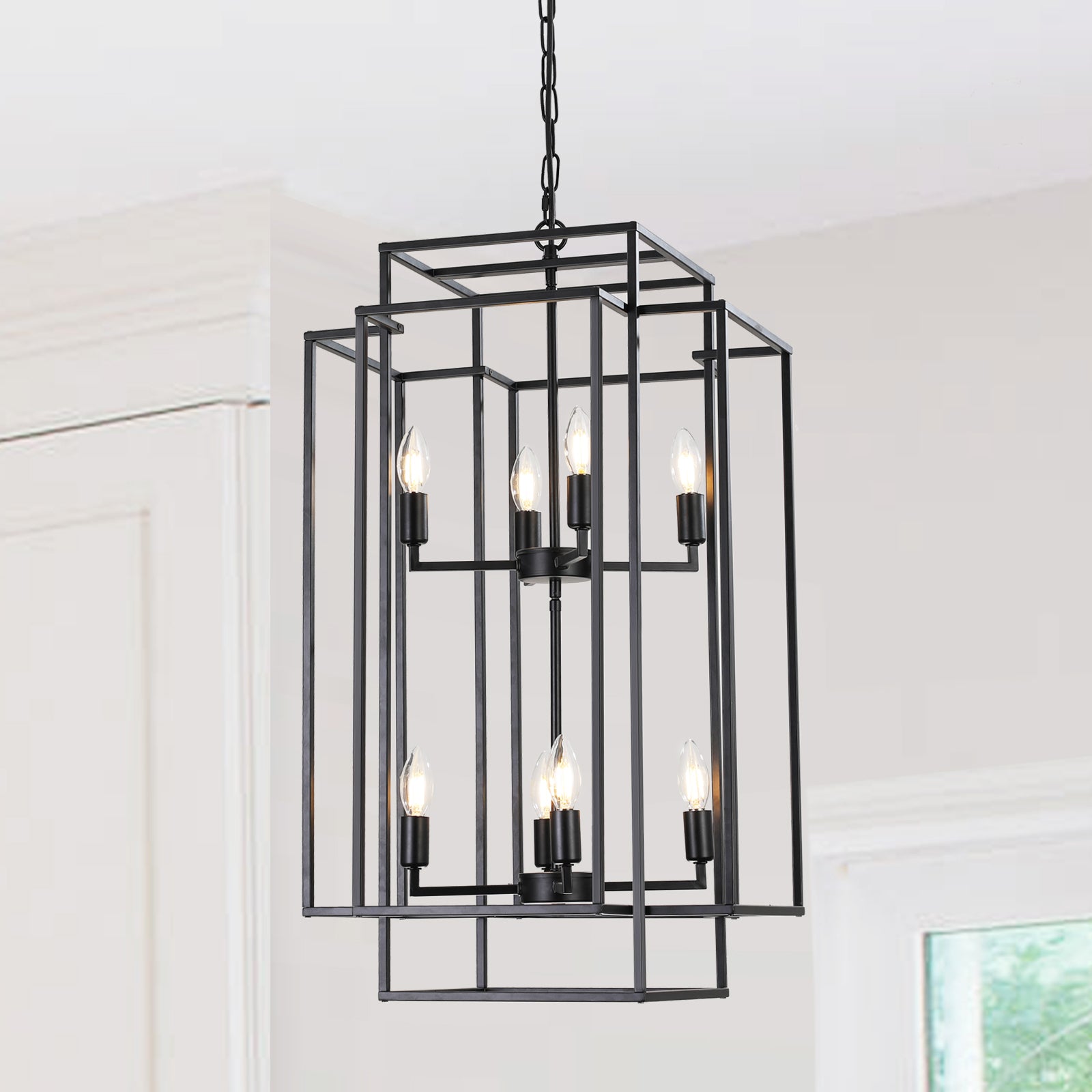 8 Lights Lantern Tiered Pendant Light Fixtures black-farmhouse-iron