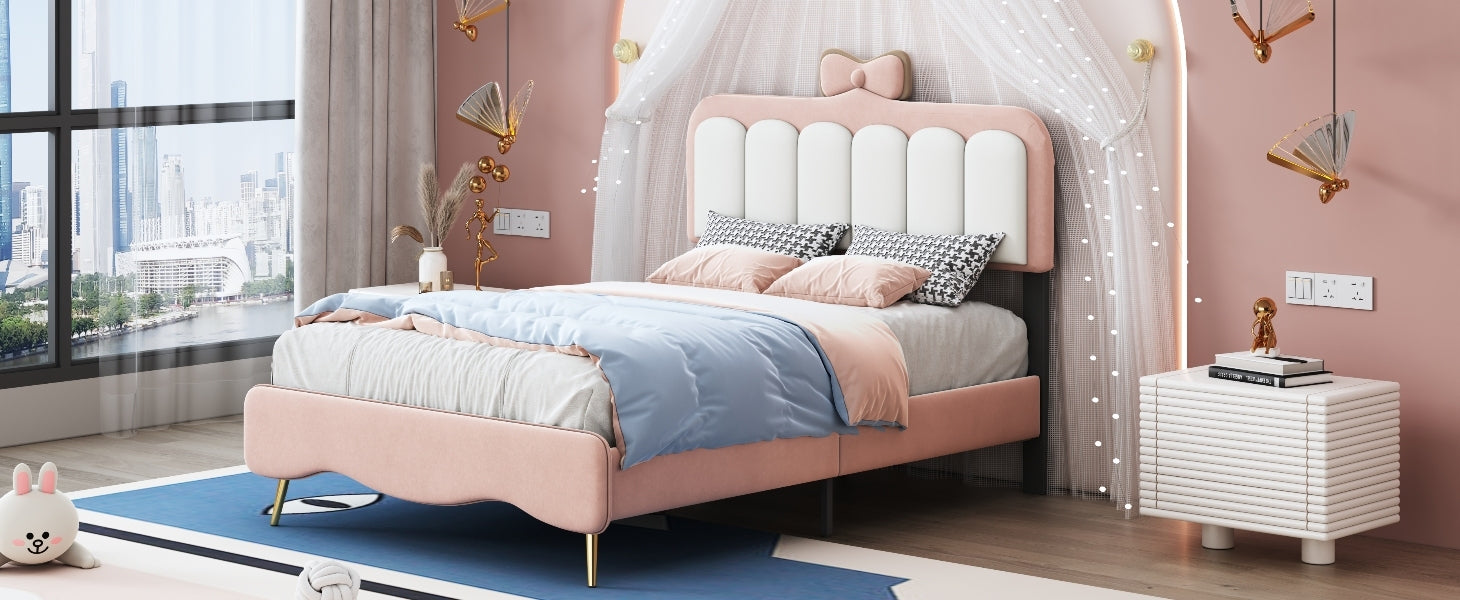 Twin size Velvet Princess Bed With Bow Knot pink-velvet