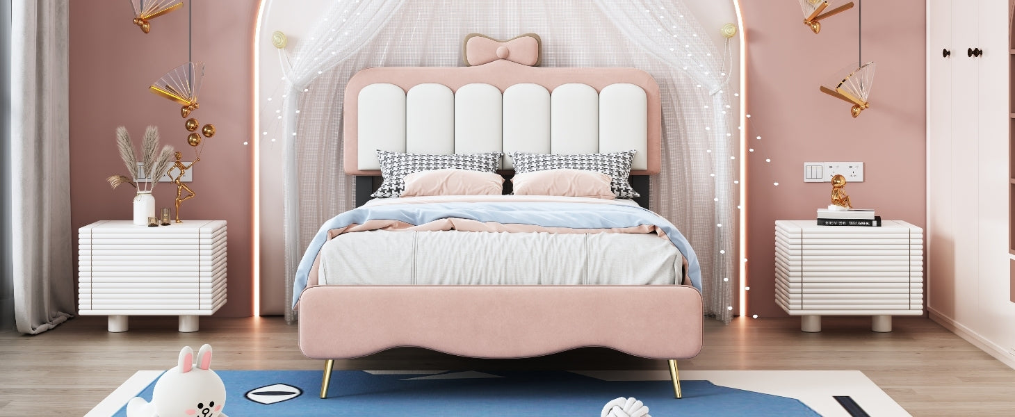 Twin size Velvet Princess Bed With Bow Knot pink-velvet