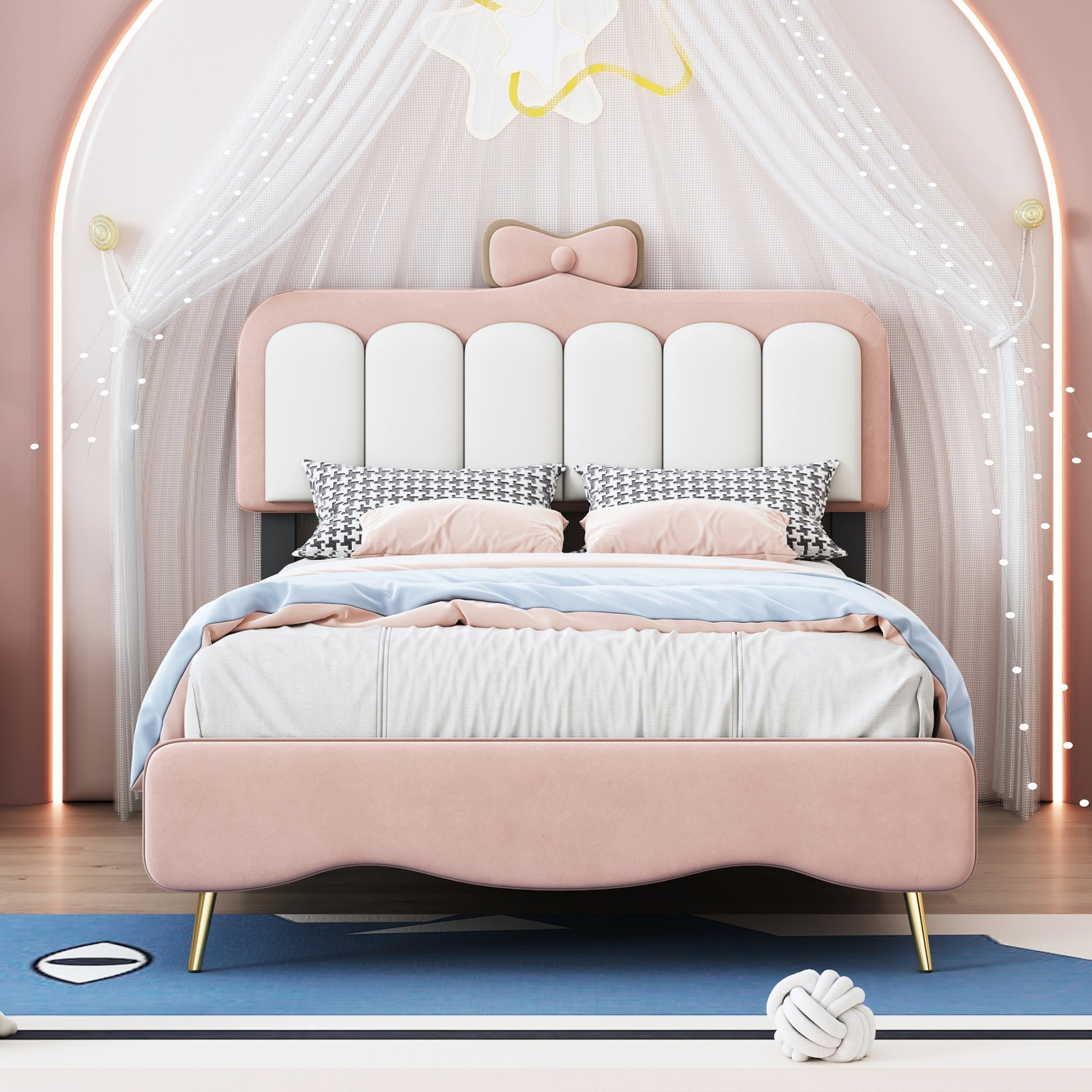 Twin size Velvet Princess Bed With Bow Knot pink-velvet