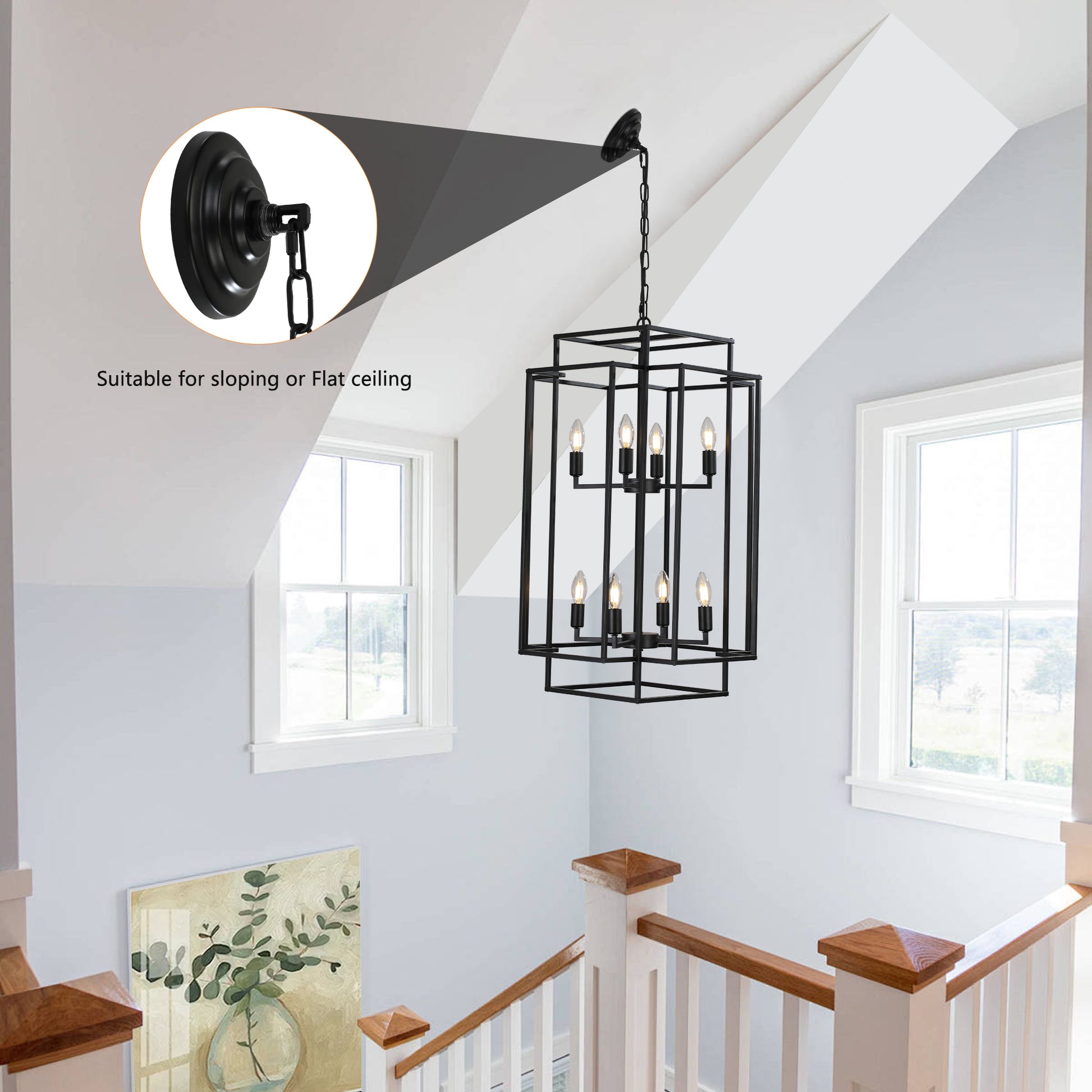 8 Lights Lantern Tiered Pendant Light Fixtures black-farmhouse-iron